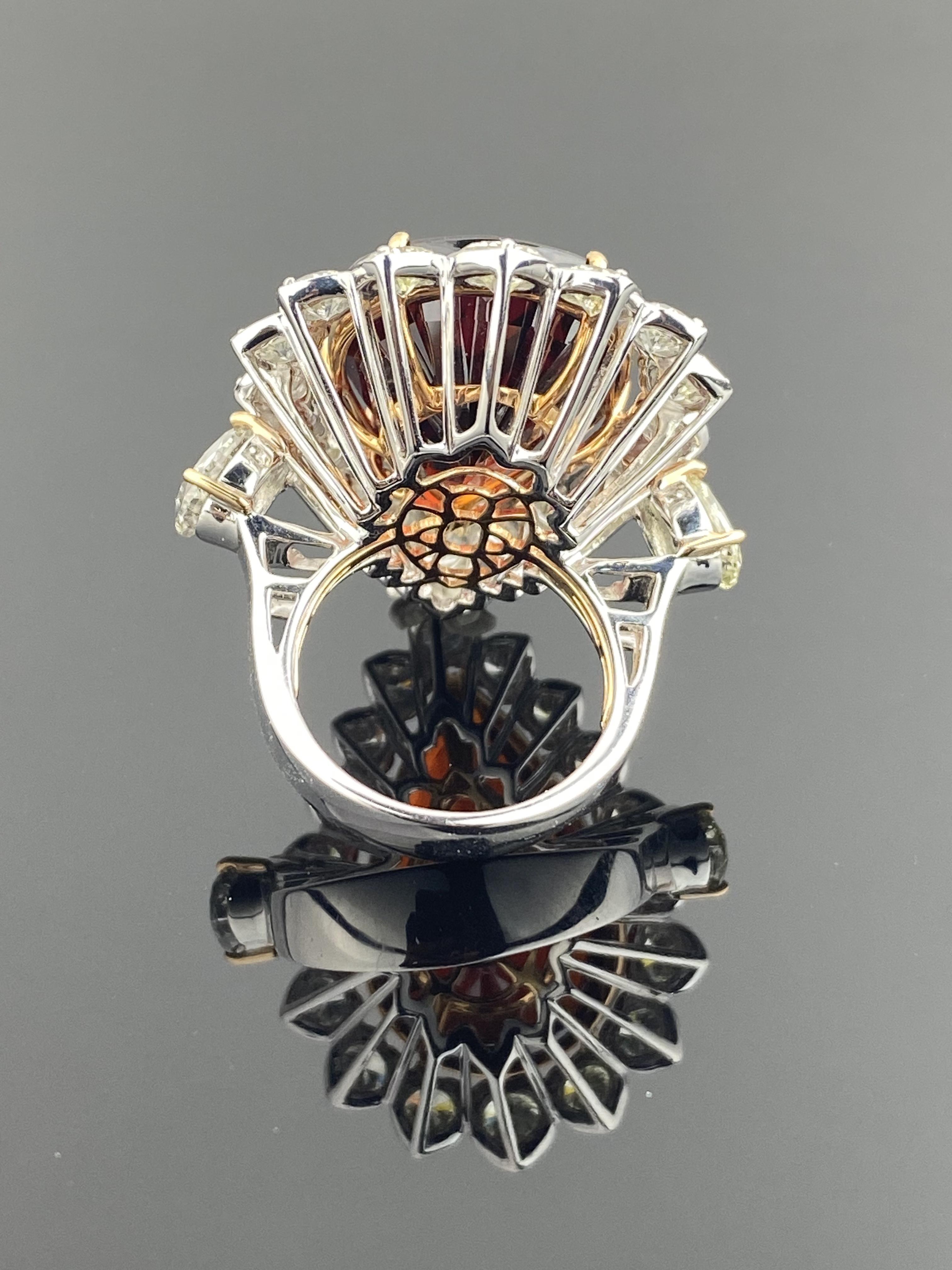 Modern Certified 35 Carat Pear Shape Mandarin Garnet 18K Gold Cocktail Ring For Sale