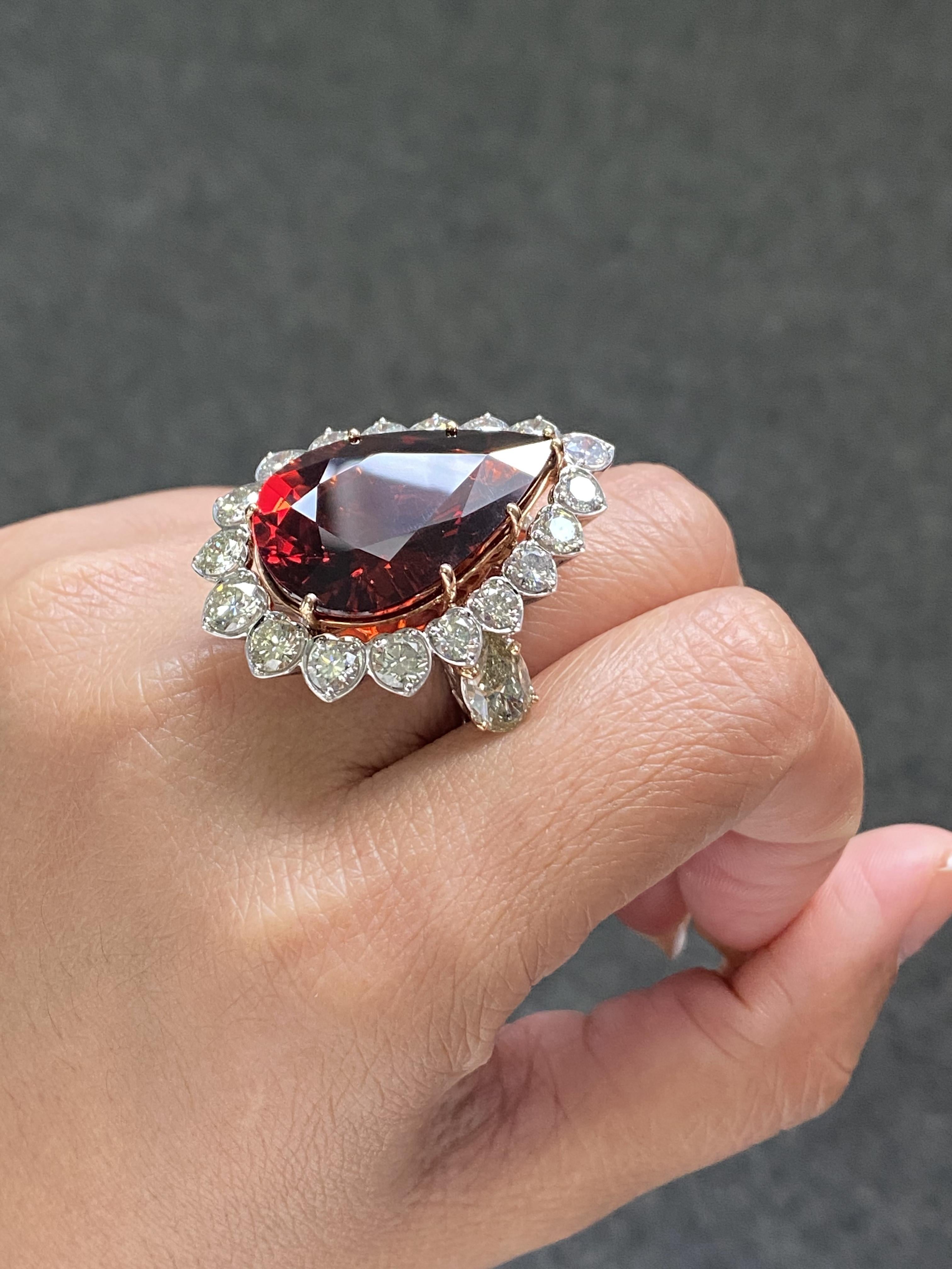 Pear Cut Certified 35 Carat Pear Shape Mandarin Garnet 18K Gold Cocktail Ring For Sale