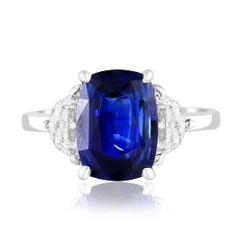 Certified 3.54 Carat Cushion Cut Blue Sapphire Diamond 3-Stone Ring in Platinum