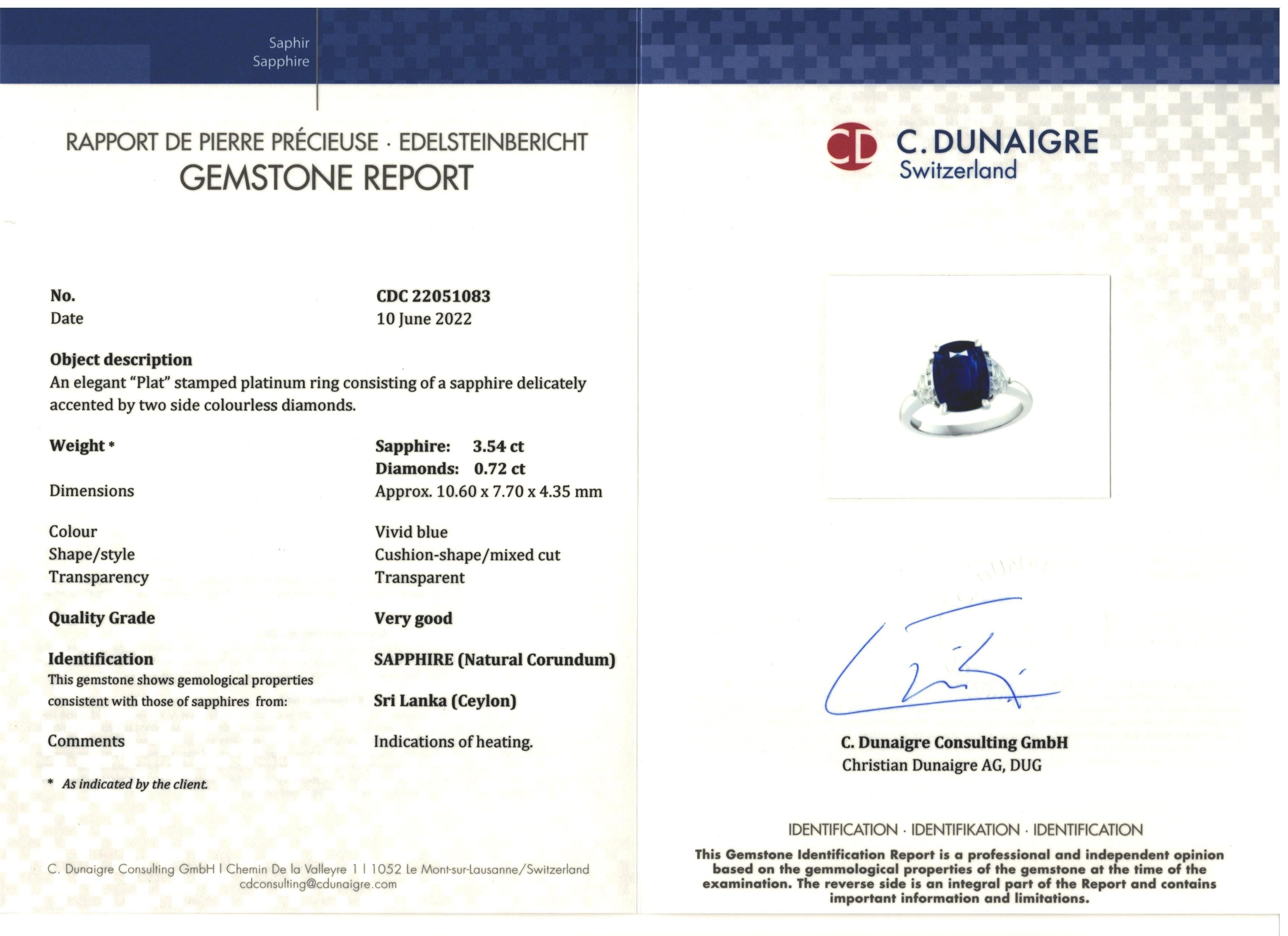 Certified 3.54 Carat Cushion Cut Blue Sapphire Diamond 3-Stone Ring in Platinum In New Condition For Sale In NEW YORK, NY