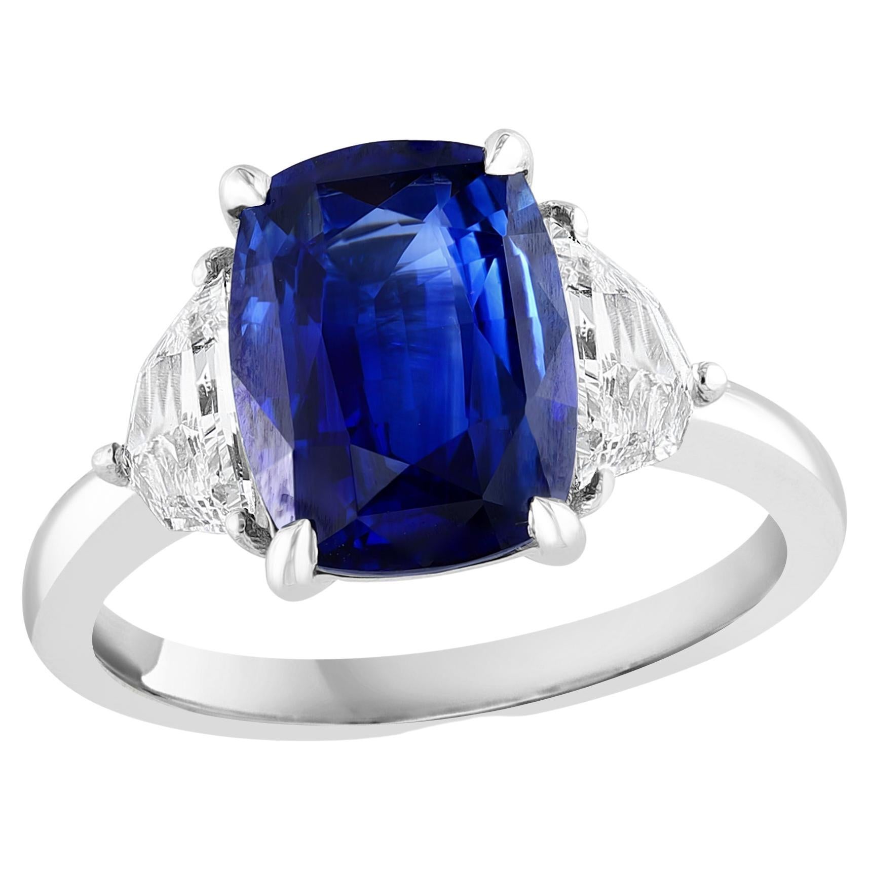 Certified 3.54 Carat Cushion Cut Blue Sapphire Diamond 3-Stone Ring in Platinum