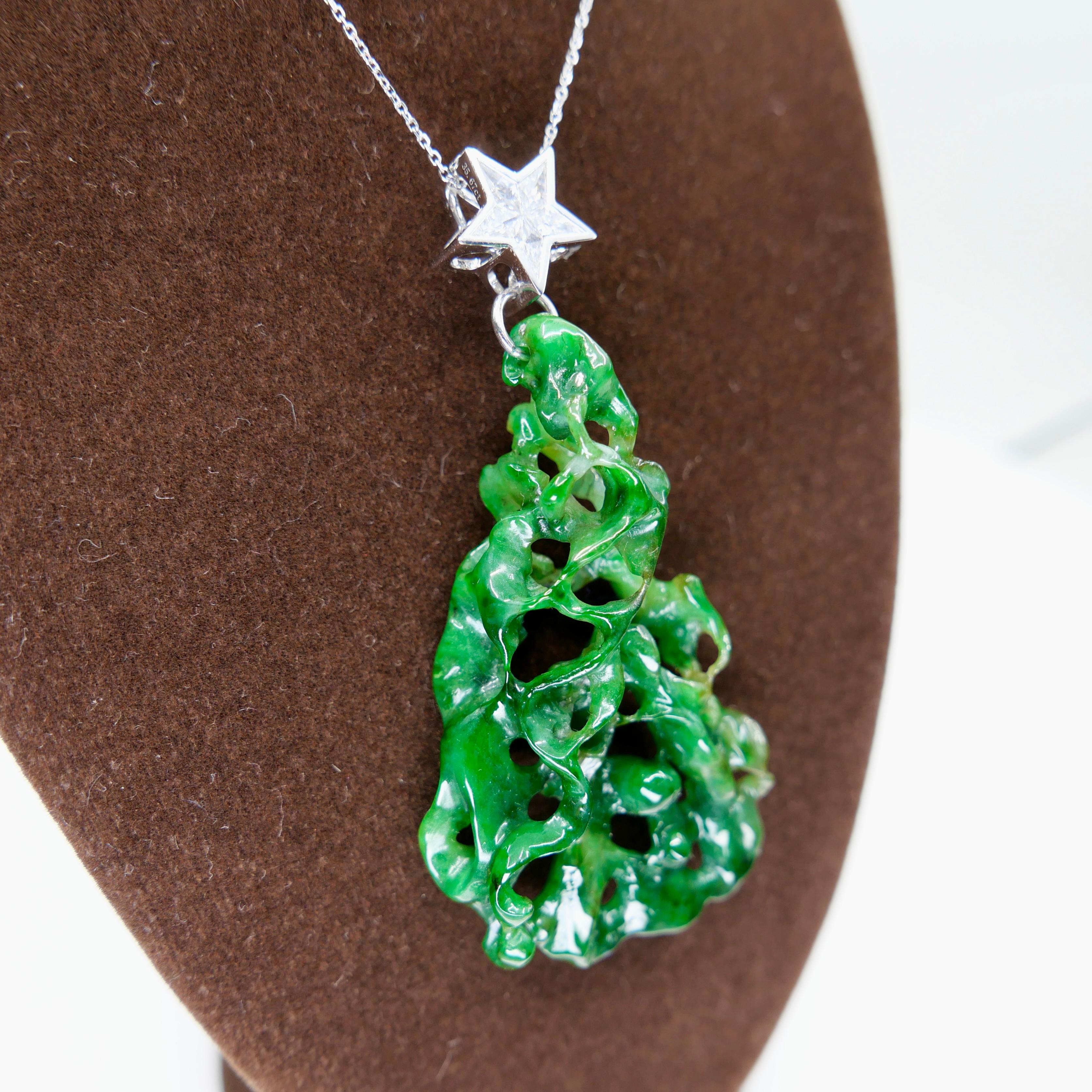 Pendentif étoile certifié 35,67 carats en jade, vert d' Evergreen Tree et diamants Le plus unique en vente 9