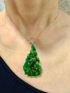 Certified 35.67cts Jade Evergreen Tree & Diamond Star Pendant. Most Unique!