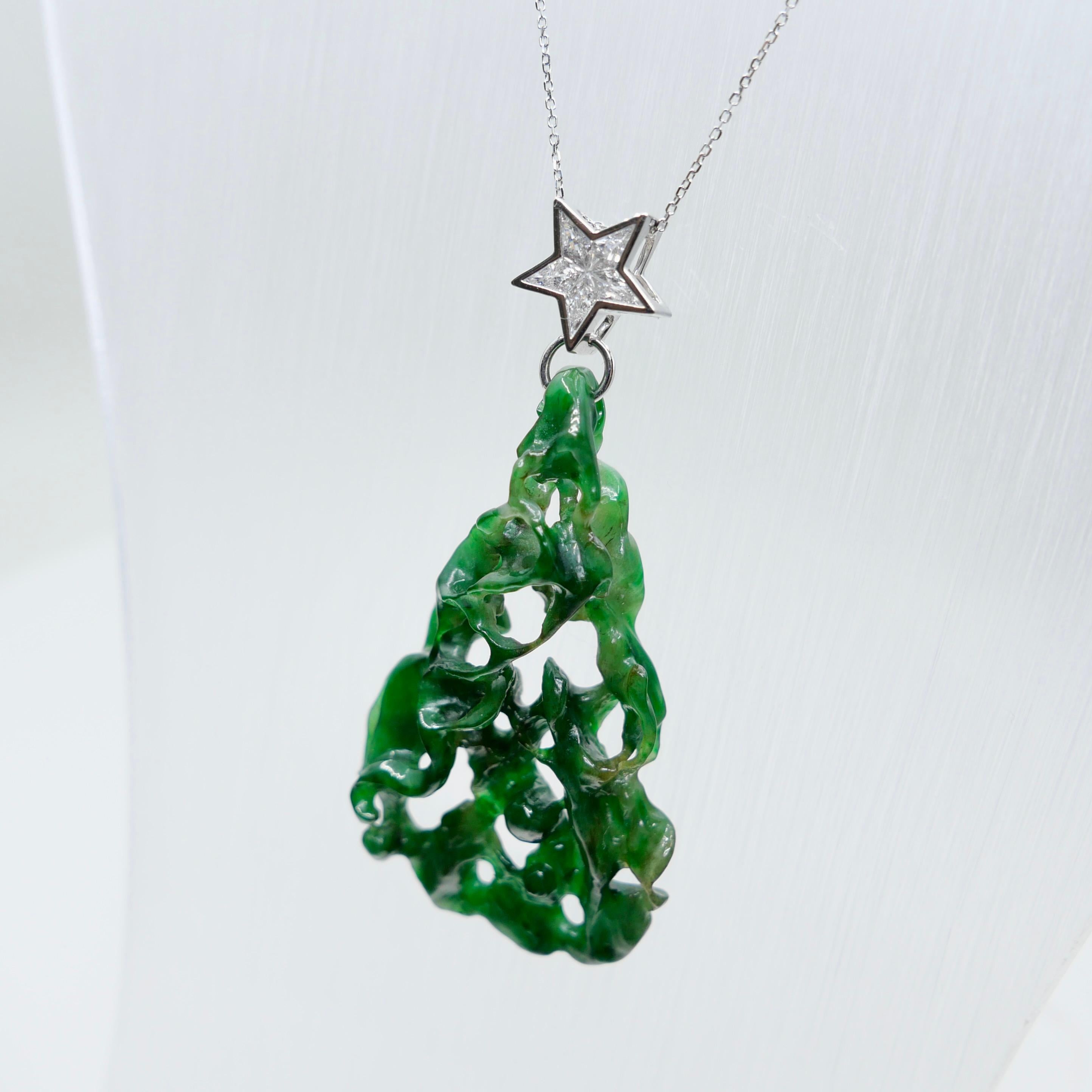 Pendentif étoile certifié 35,67 carats en jade, vert d' Evergreen Tree et diamants Le plus unique Pour femmes en vente