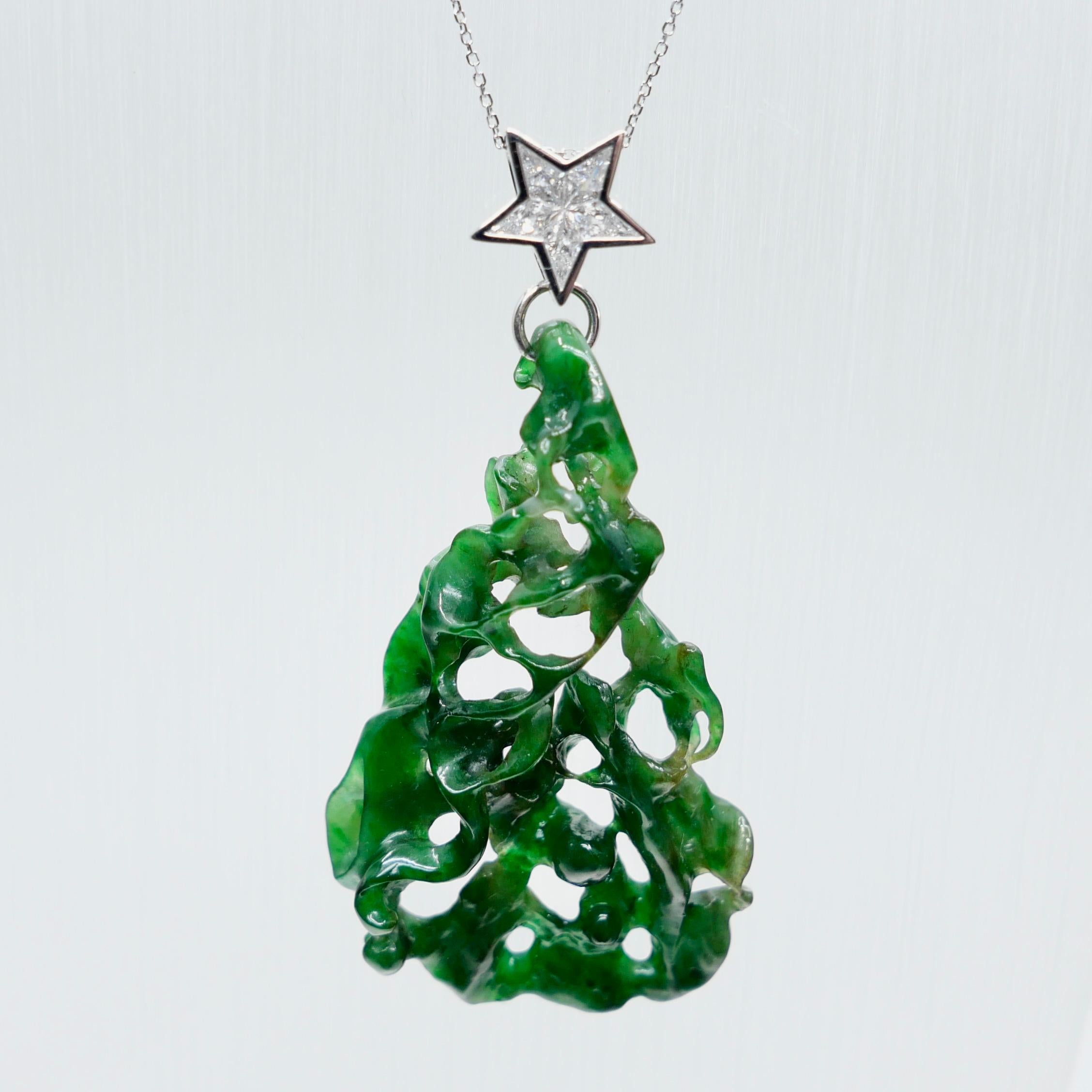 Pendentif étoile certifié 35,67 carats en jade, vert d' Evergreen Tree et diamants Le plus unique en vente 3