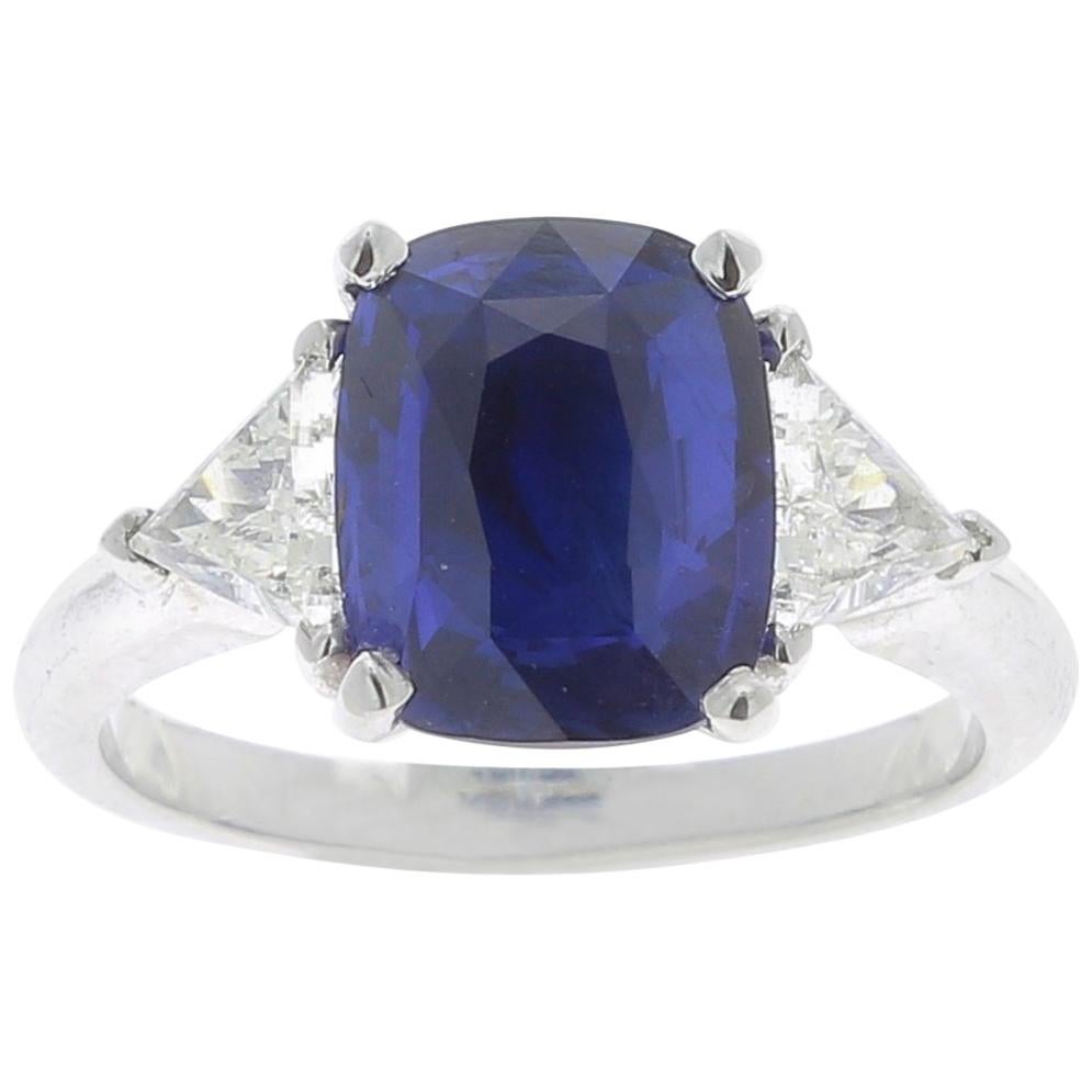Certified 3.57 Three-Stone Ceylon Sapphire Rings Triangle Diamond