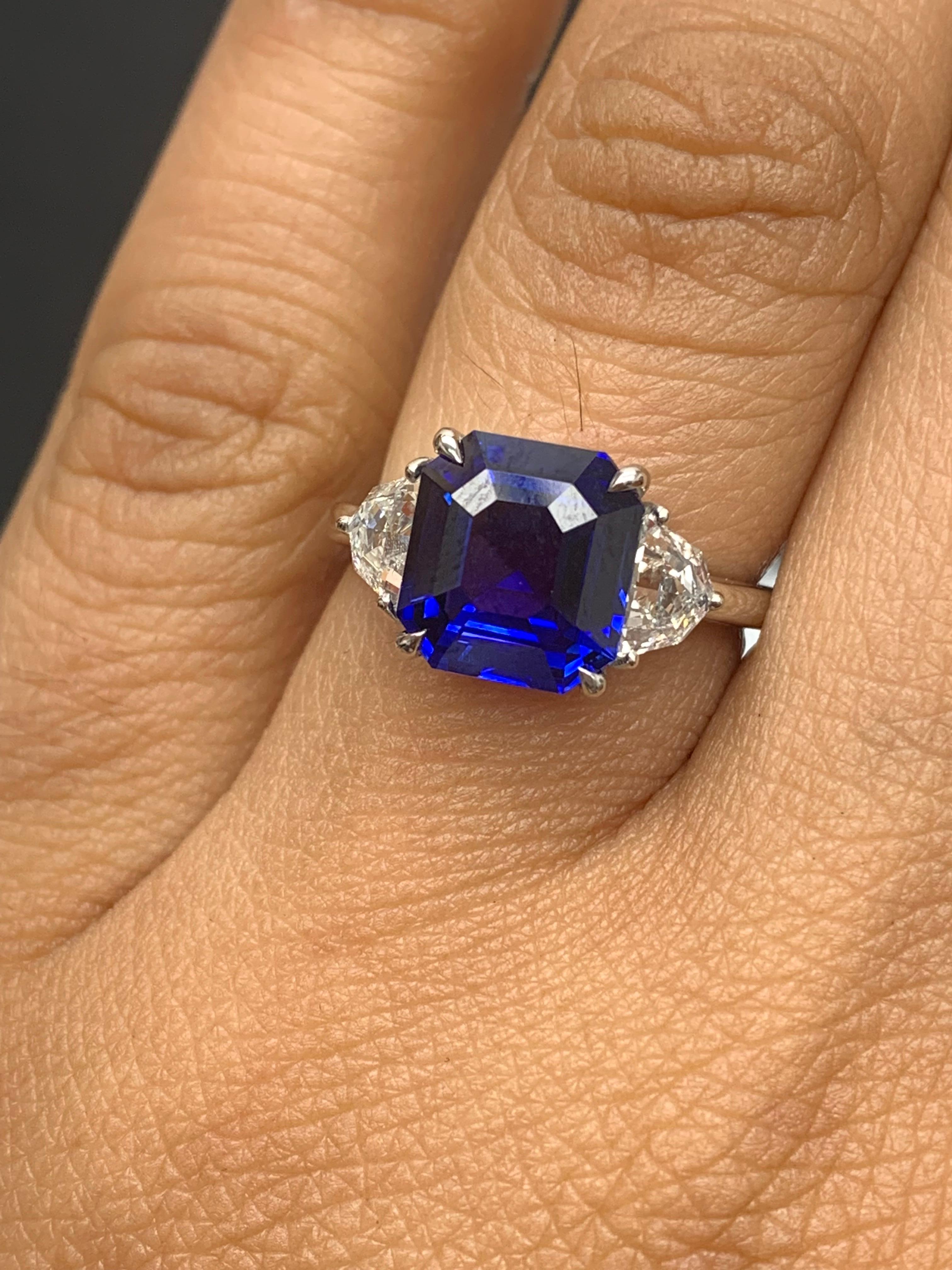 Modern Certified 3.58 Carat Emerald Cut Sapphire & Diamond Engagement Ring in Platinum For Sale