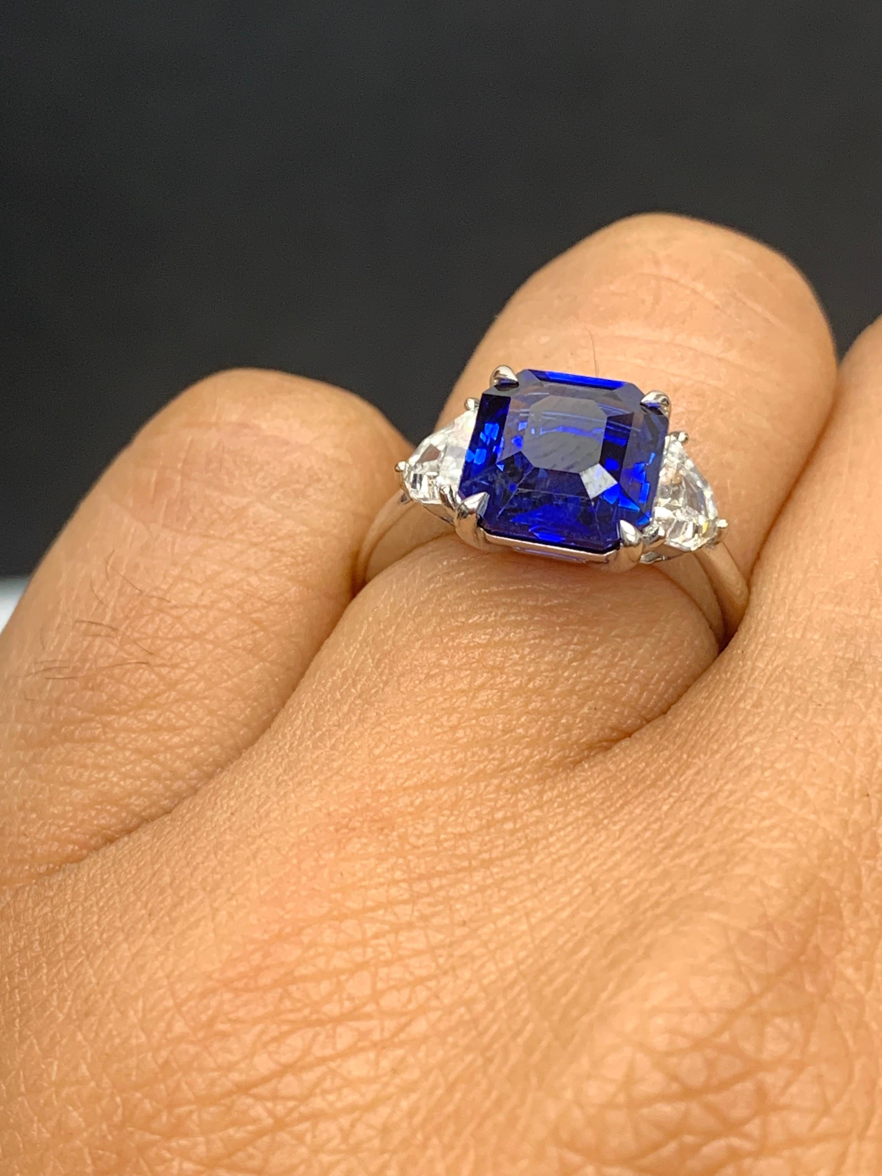 Certified 3.58 Carat Emerald Cut Sapphire & Diamond Engagement Ring in Platinum In New Condition For Sale In NEW YORK, NY