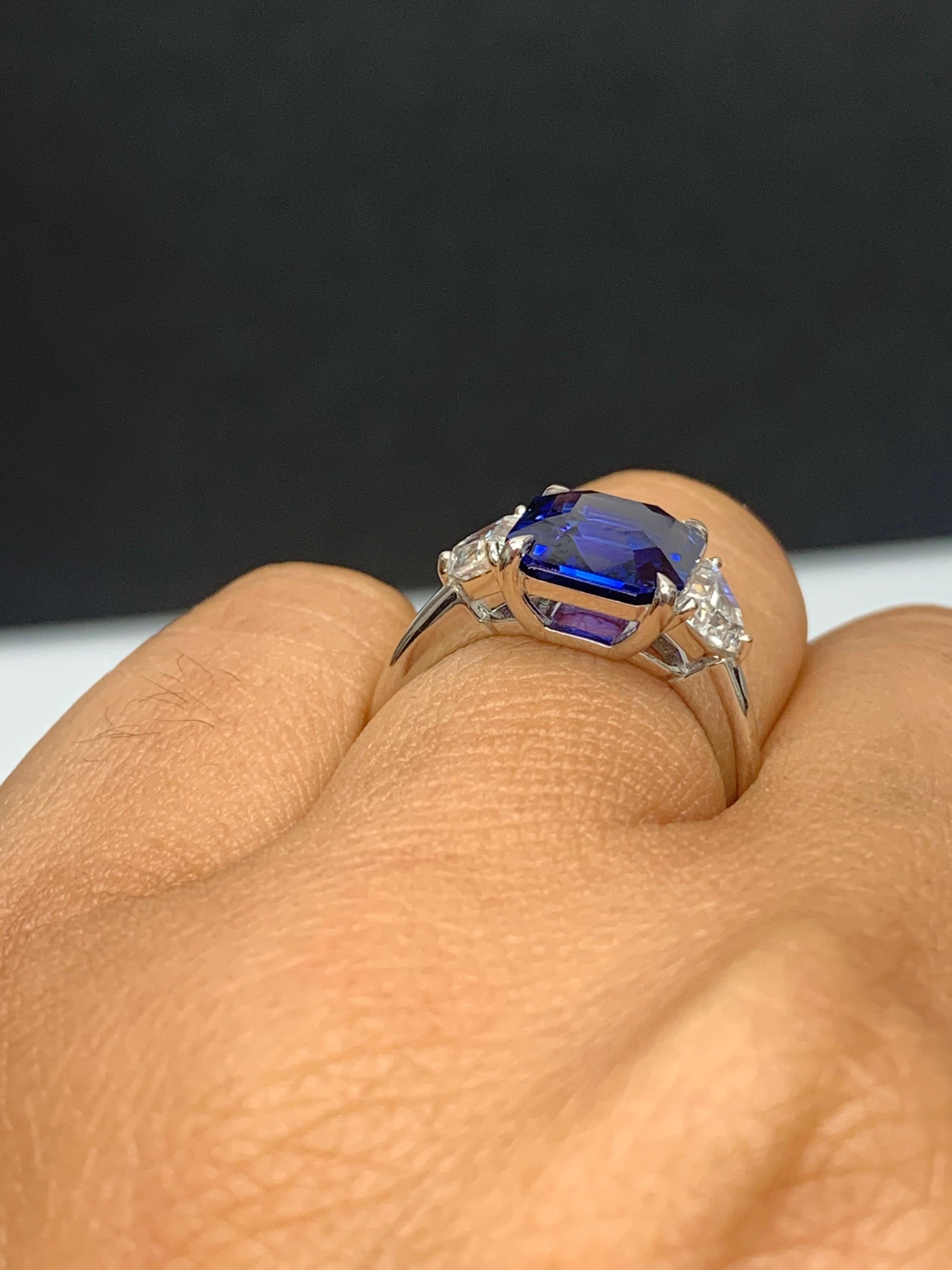 Women's Certified 3.58 Carat Emerald Cut Sapphire & Diamond Engagement Ring in Platinum For Sale