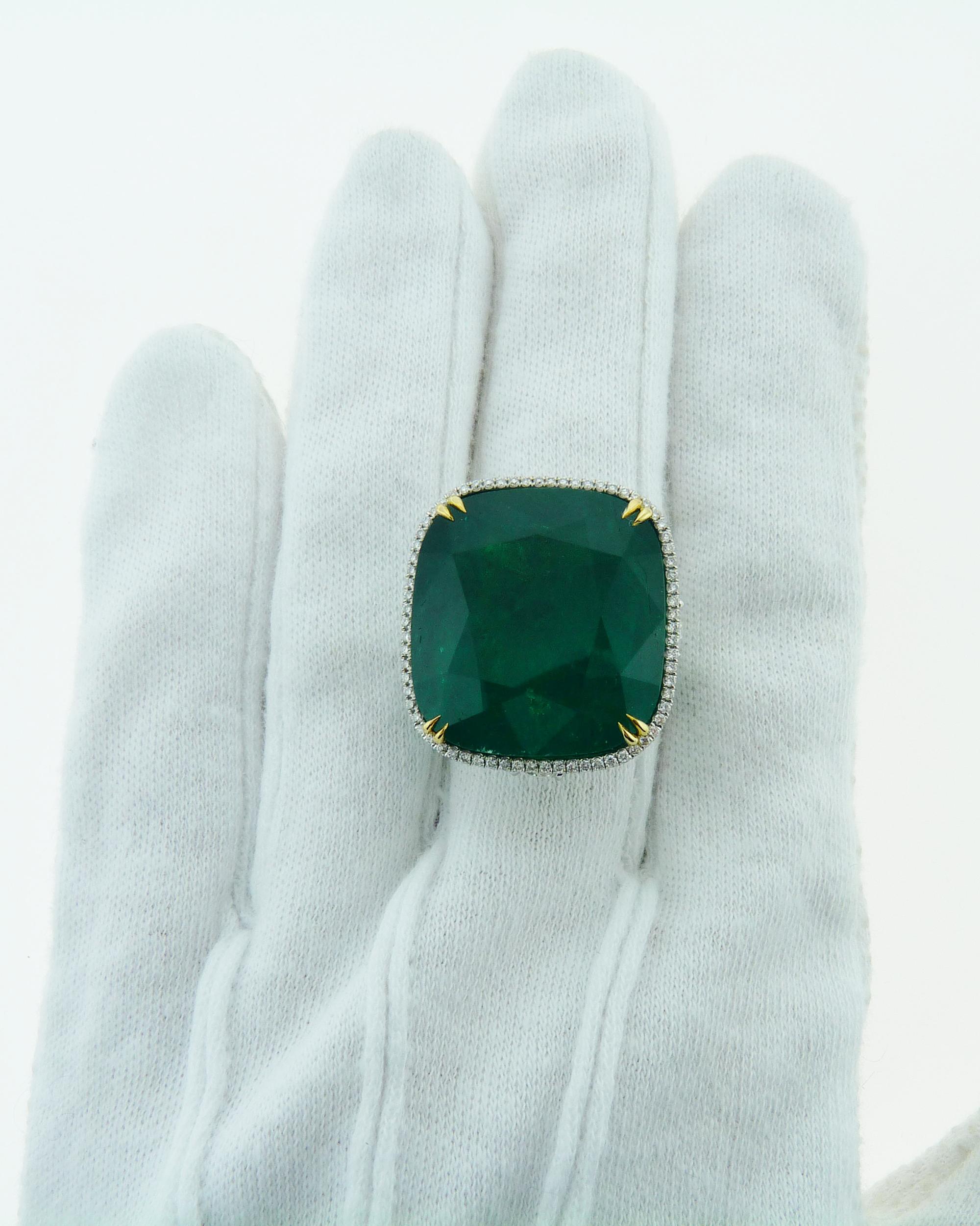 Spectra Fine Jewelry, Certified 36.29 Carat Colombian Emerald Diamond Ring In New Condition For Sale In New York, NY