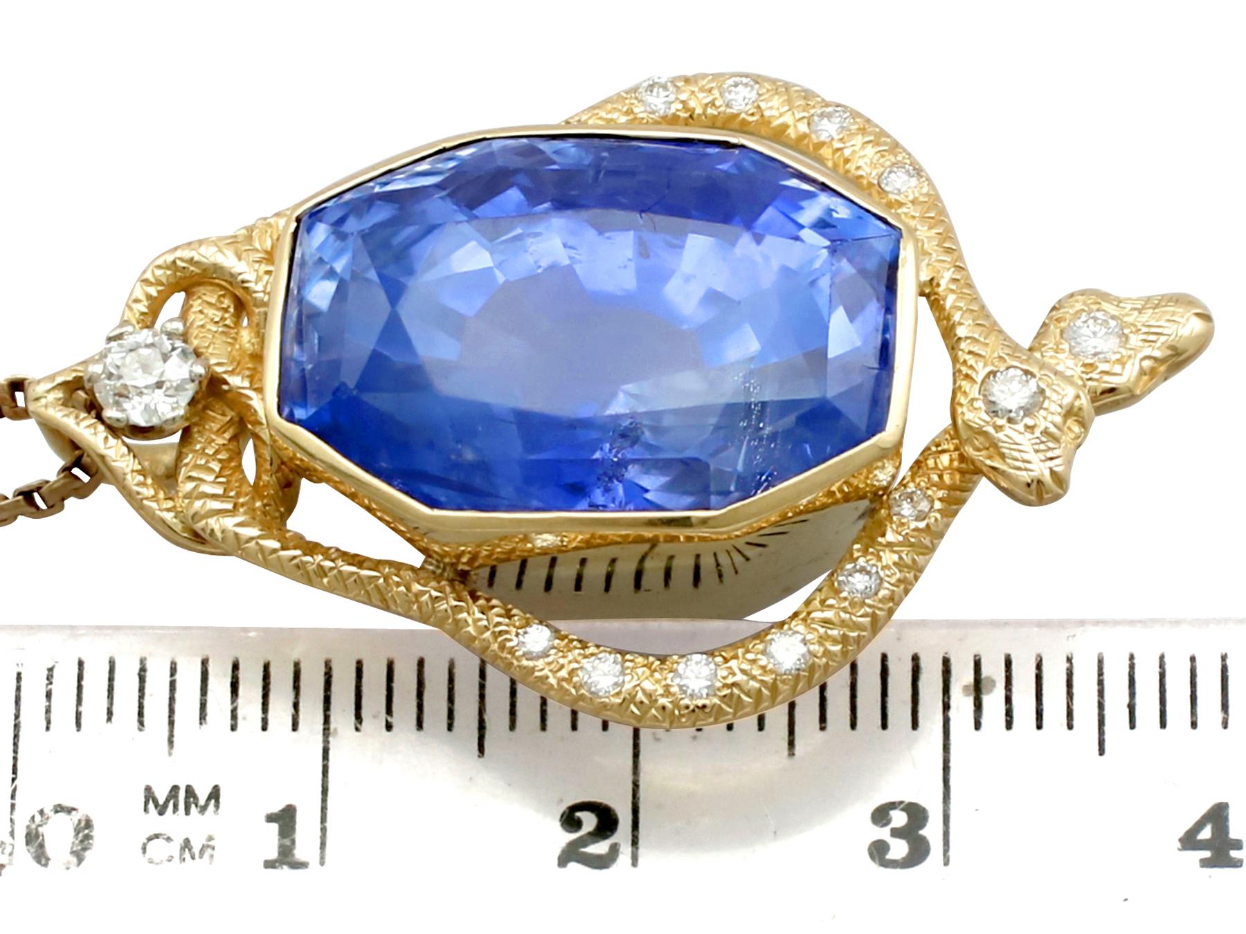 Certified 36.50 Carat Ceylon Sapphire and Diamond Yellow Gold Snake Pendant 1