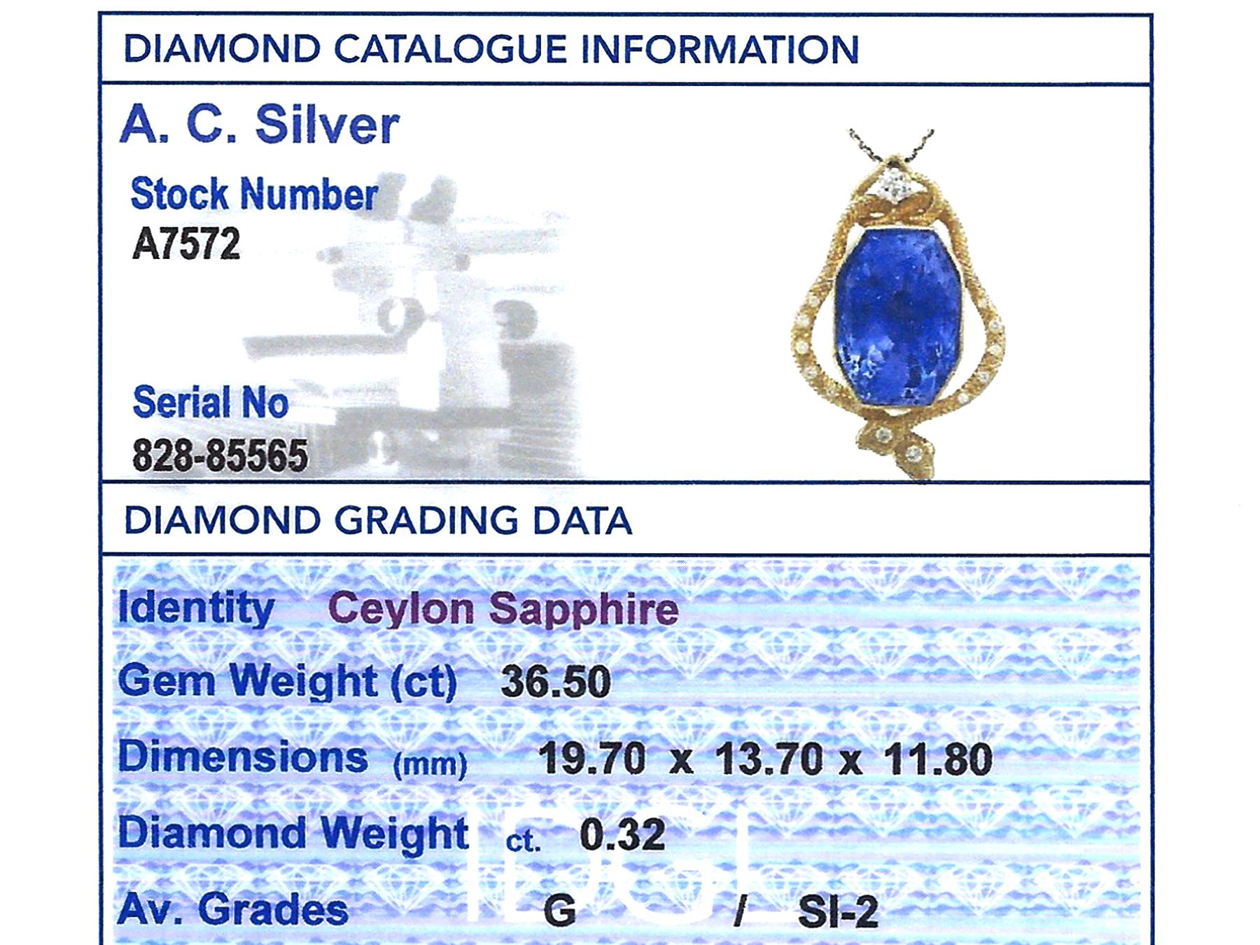 Certified 36.50 Carat Ceylon Sapphire and Diamond Yellow Gold Snake Pendant 2