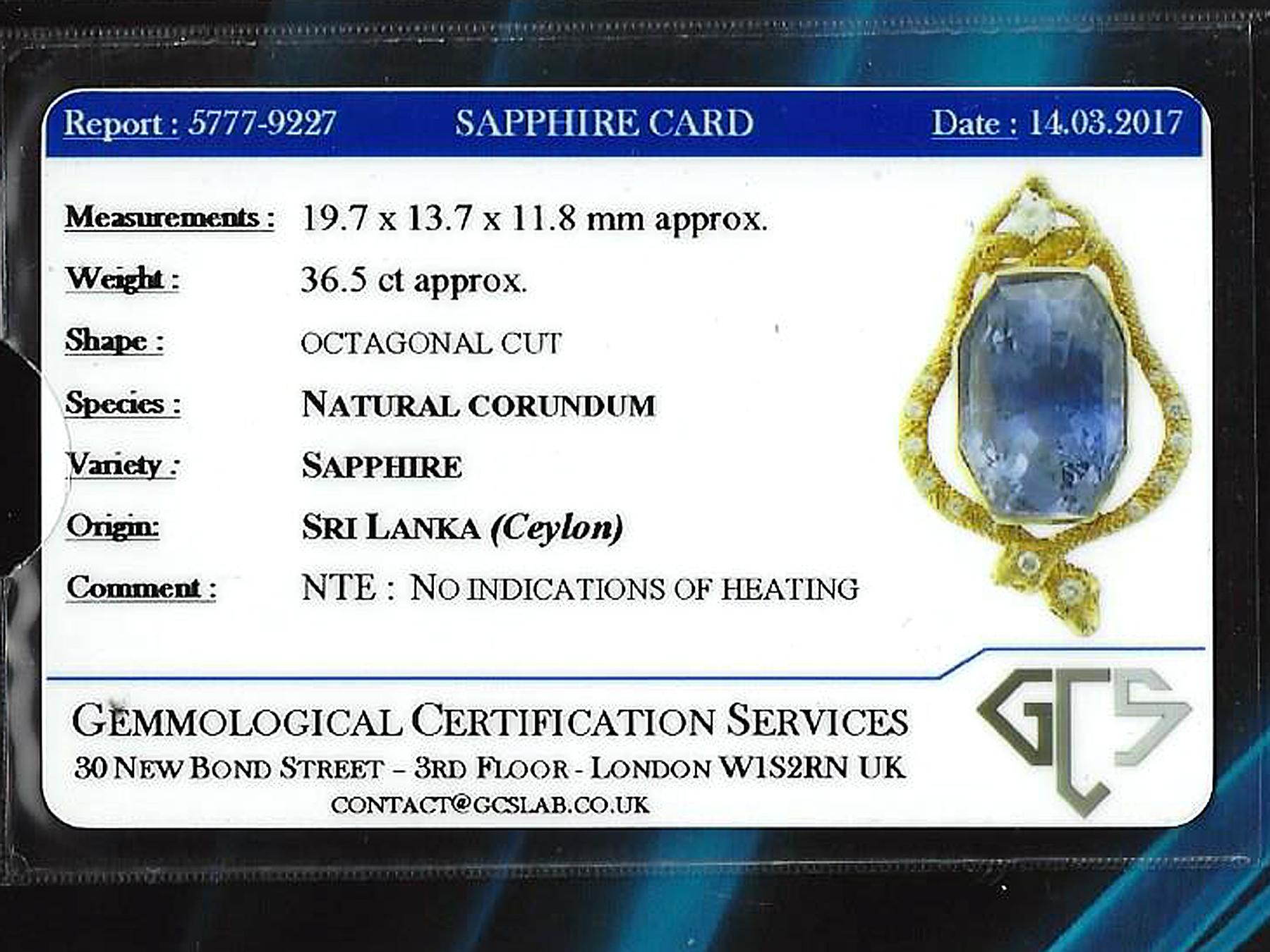 Certified 36.50 Carat Ceylon Sapphire and Diamond Yellow Gold Snake Pendant 4
