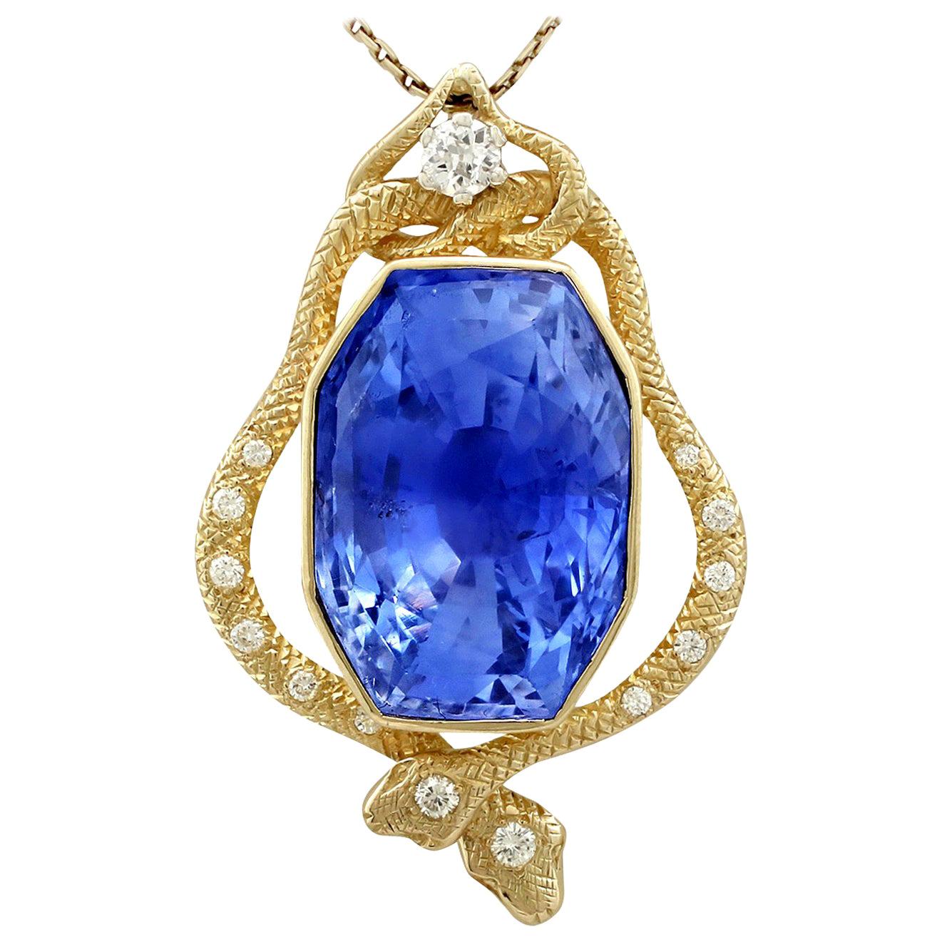 Certified 36.50 Carat Ceylon Sapphire and Diamond Yellow Gold Snake Pendant