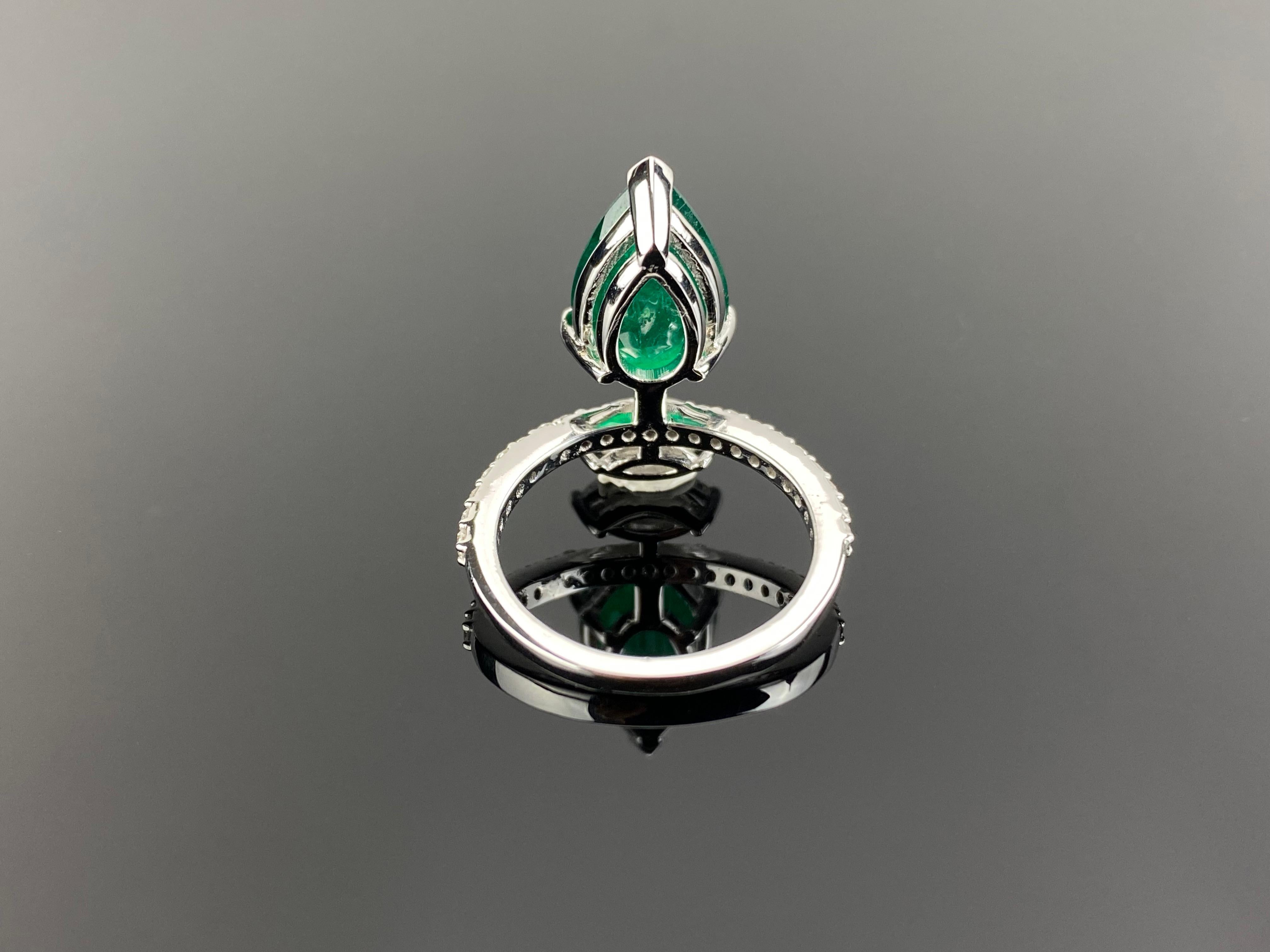 Certified 3.66 Carat Pear Shape Emerald and Diamond Cocktail Ring For Sale 1