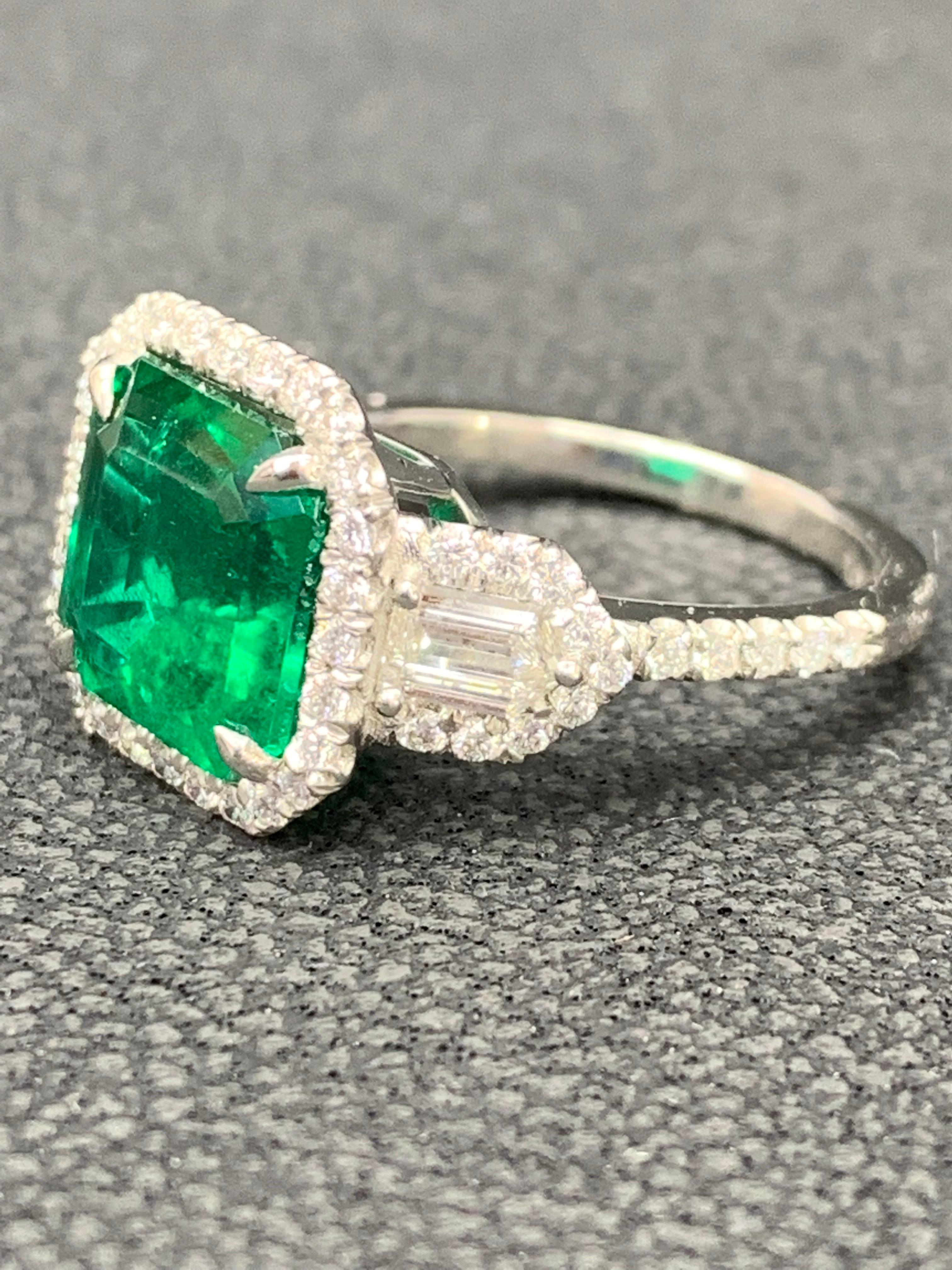 Certified 3.69 Carat Emerald and Diamond Three Stone Engagement ring in platinum For Sale 5