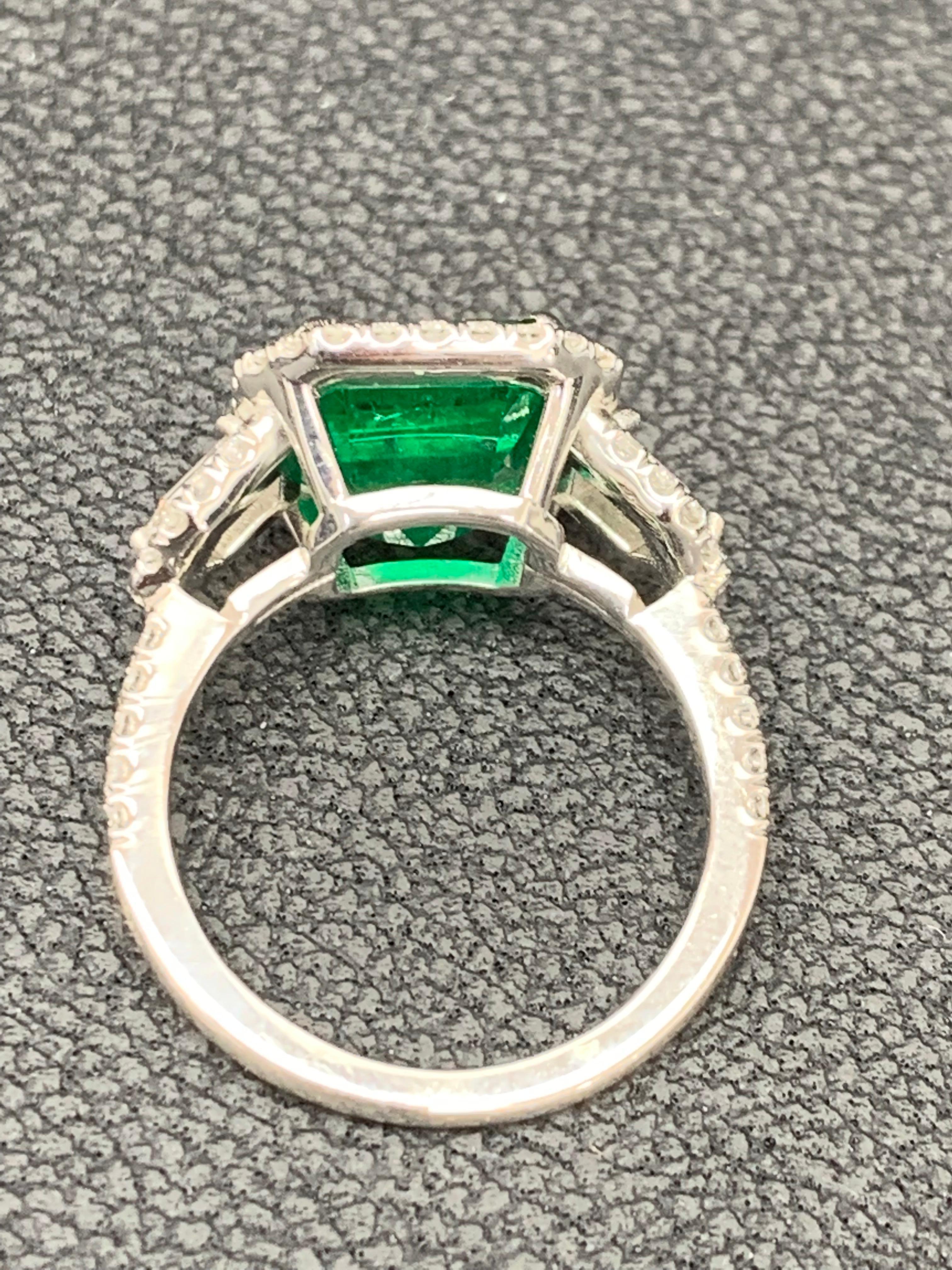 Certified 3.69 Carat Emerald and Diamond Three Stone Engagement ring in platinum For Sale 8