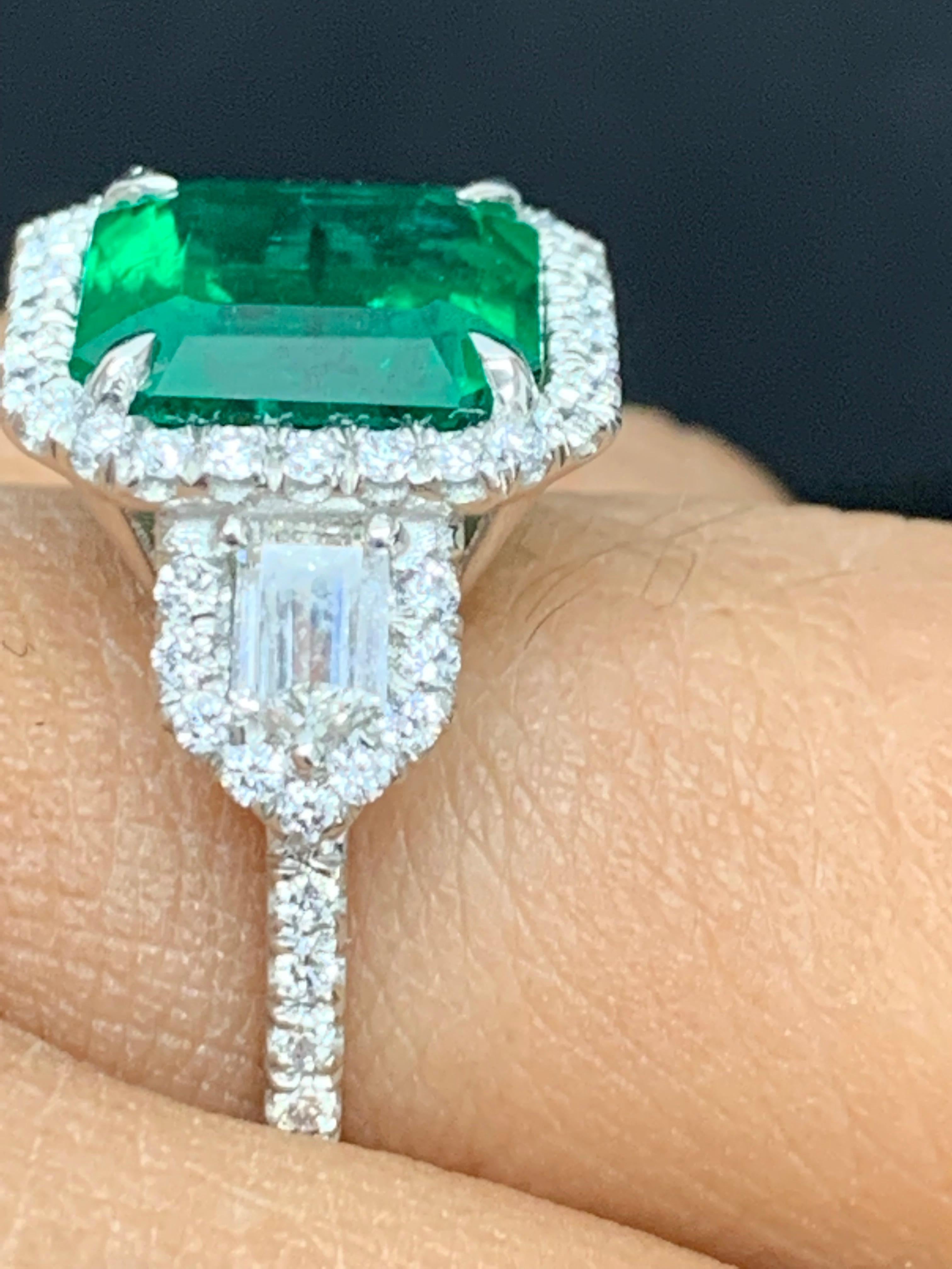 Women's Certified 3.69 Carat Emerald and Diamond Three Stone Engagement ring in platinum For Sale