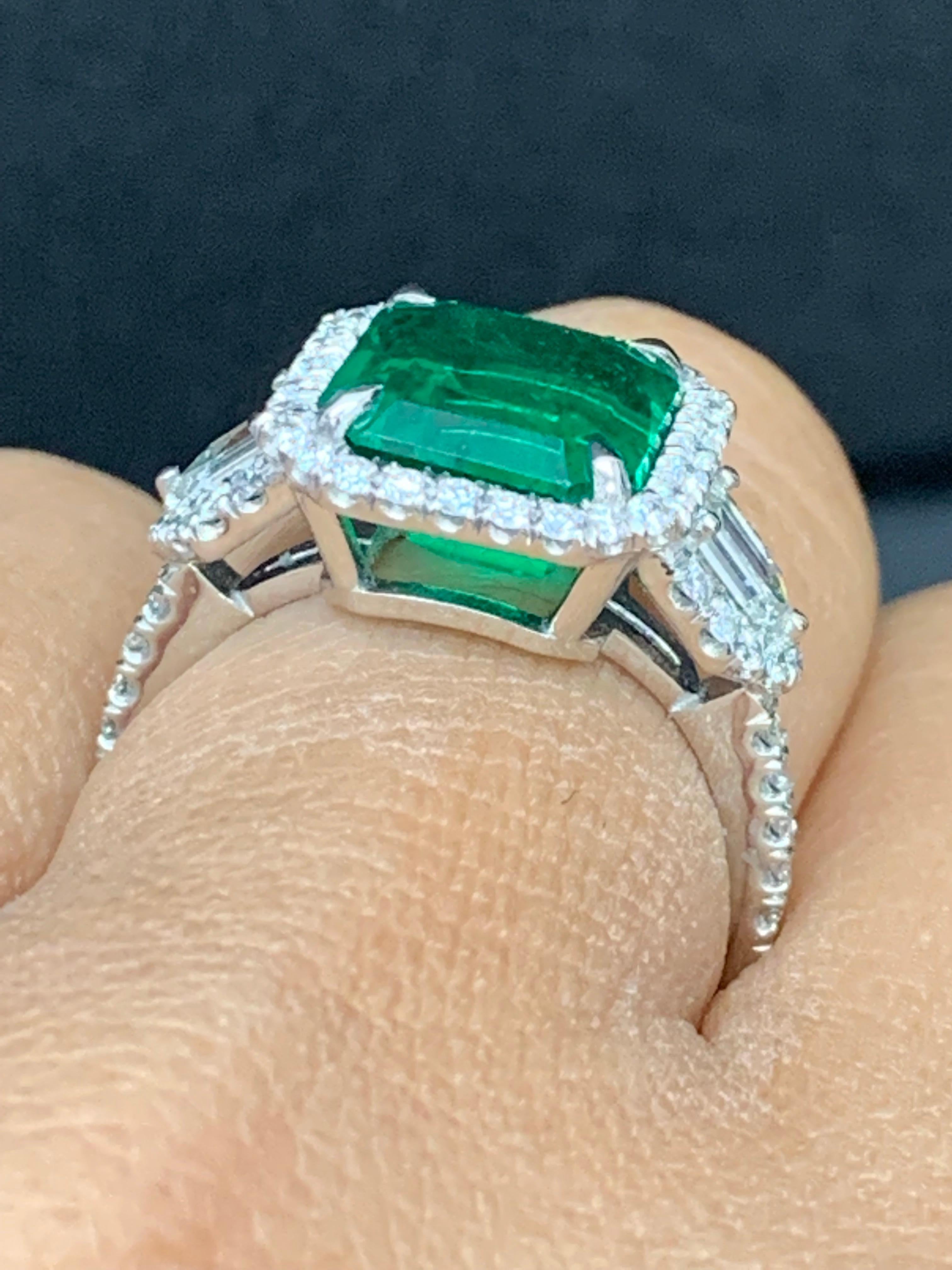 Certified 3.69 Carat Emerald and Diamond Three Stone Engagement ring in platinum For Sale 2
