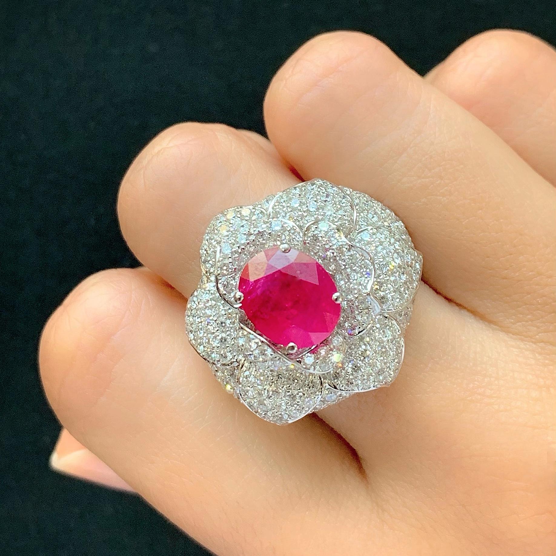 Contemporary Certified 3.71 Carat Oval Ruby Diamond 18 Karat White Gold Cocktail Ring For Sale