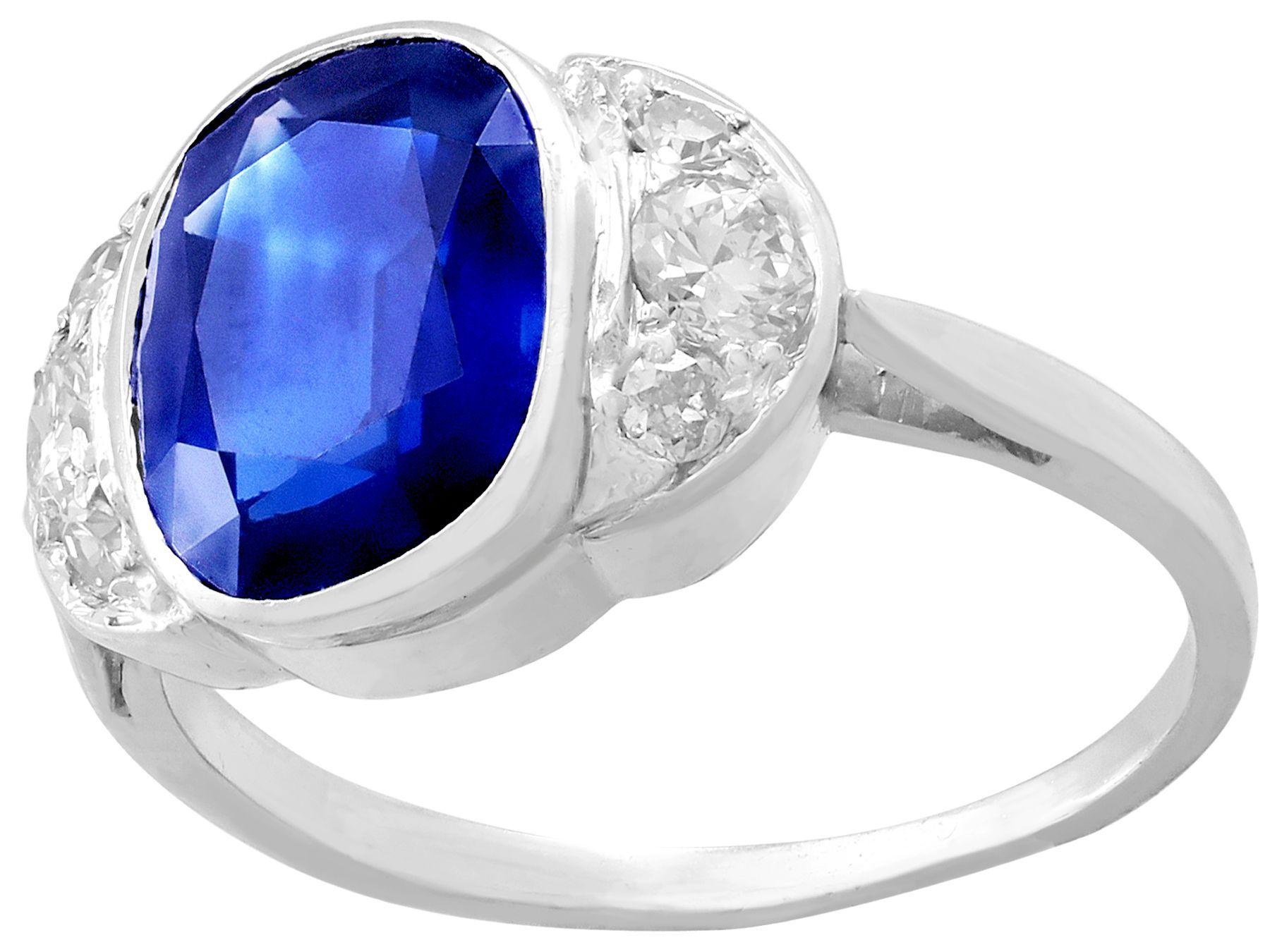 Cushion Cut Certified 3.75 Carat Sapphire and Diamond White Gold Cocktail Ring, Circa 1930 For Sale