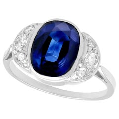 Retro Certified 3.75 Carat Sapphire and Diamond White Gold Cocktail Ring, Circa 1930