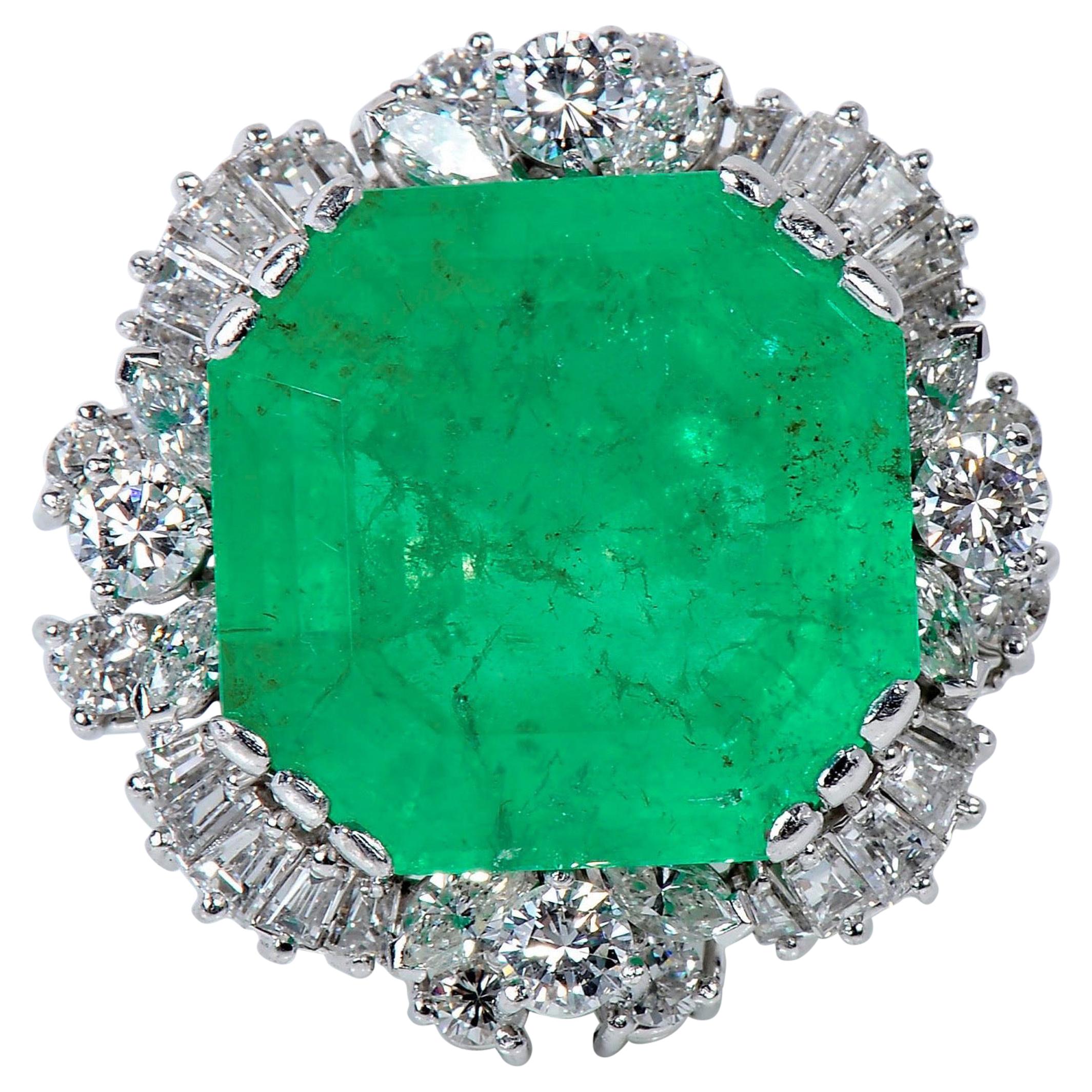 Certified 37.50 Carat Colombian Emerald Diamond Cocktail Ring White Gold
