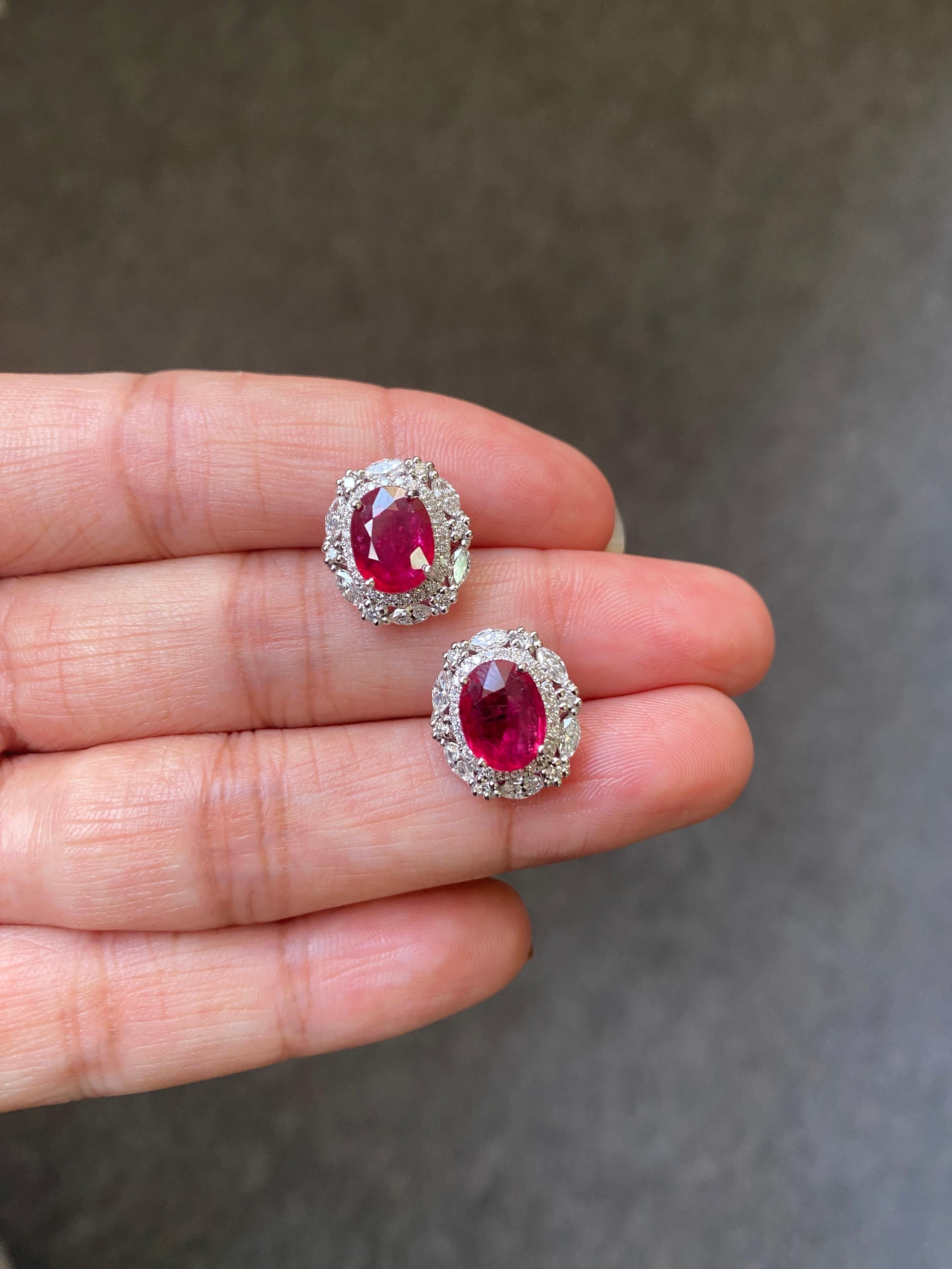 Modern Certified 3.76 Carat Mozambique Ruby and Diamond Studs in 18K White Gold For Sale
