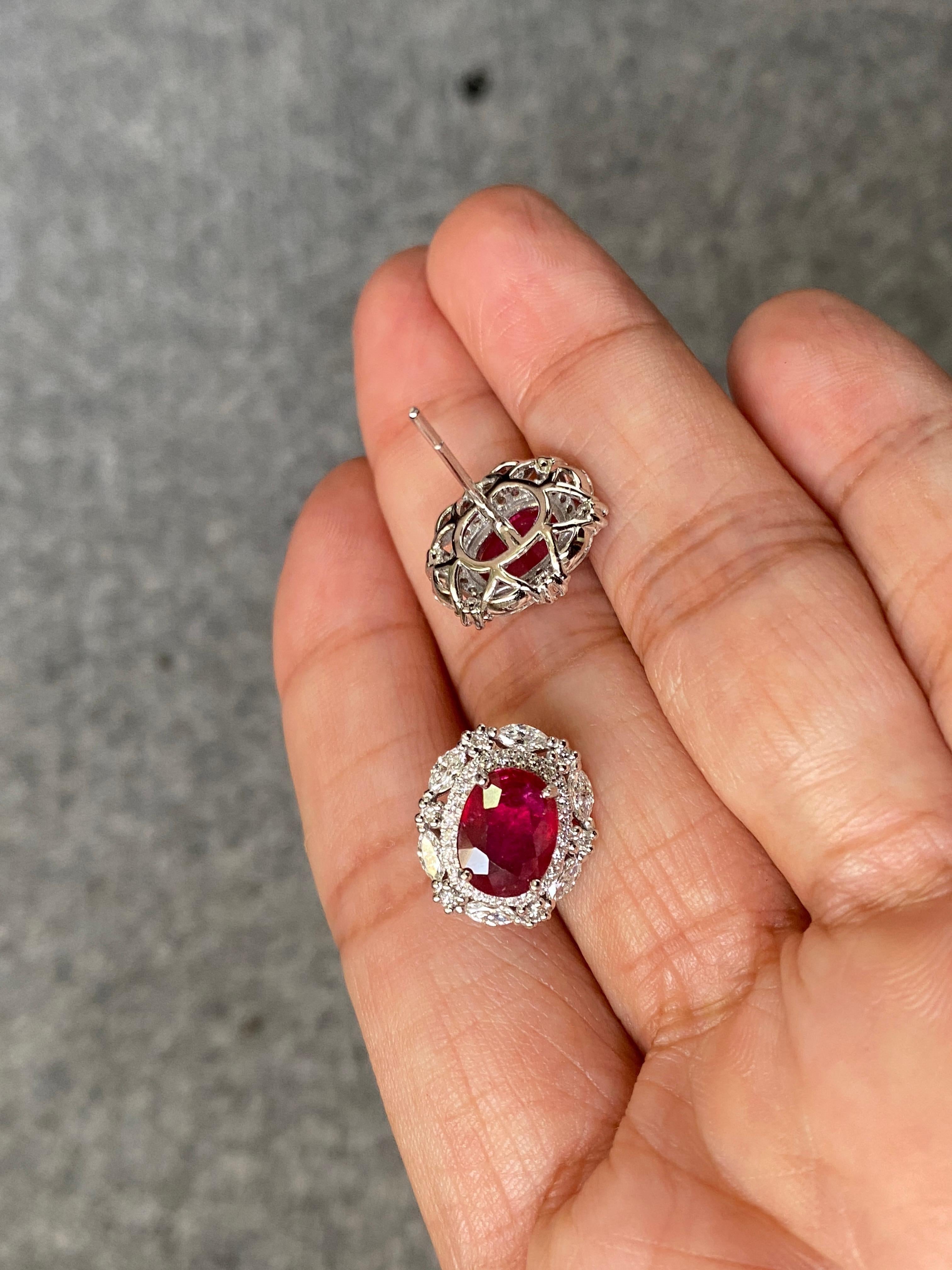 Oval Cut Certified 3.76 Carat Mozambique Ruby and Diamond Studs in 18K White Gold For Sale