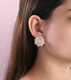 Natural 3.78Ct Baguette Diamond Floral Cluster Statement Studs 14K Yellow Gold