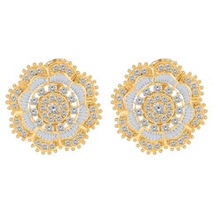 Natural 3.78Ct Baguette Diamond Floral Cluster Statement Studs 14K Yellow Gold