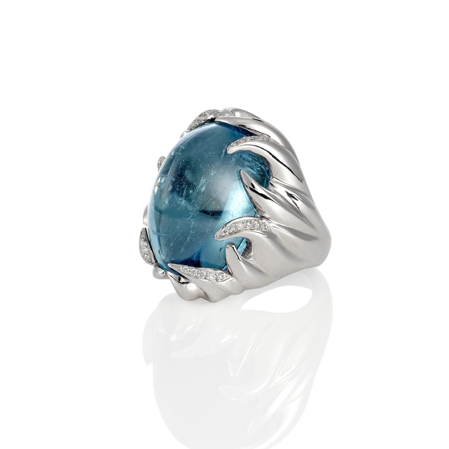 Artist Certified 38.33 Carat Cabochon Aquamarine 'Deep Blue' Cocktail Ring For Sale