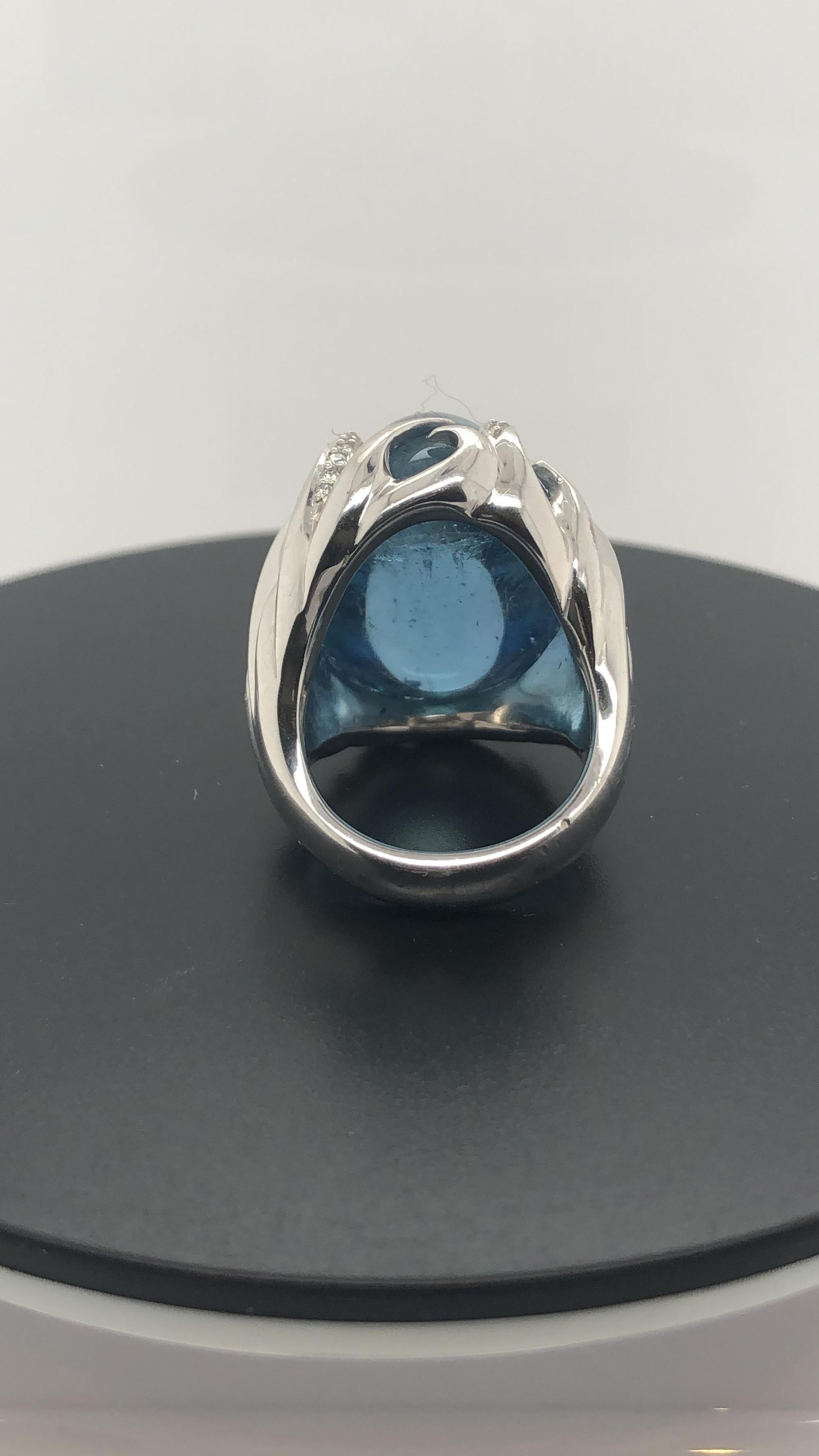 Oval Cut Certified 38.33 Carat Cabochon Aquamarine 'Deep Blue' Cocktail Ring For Sale