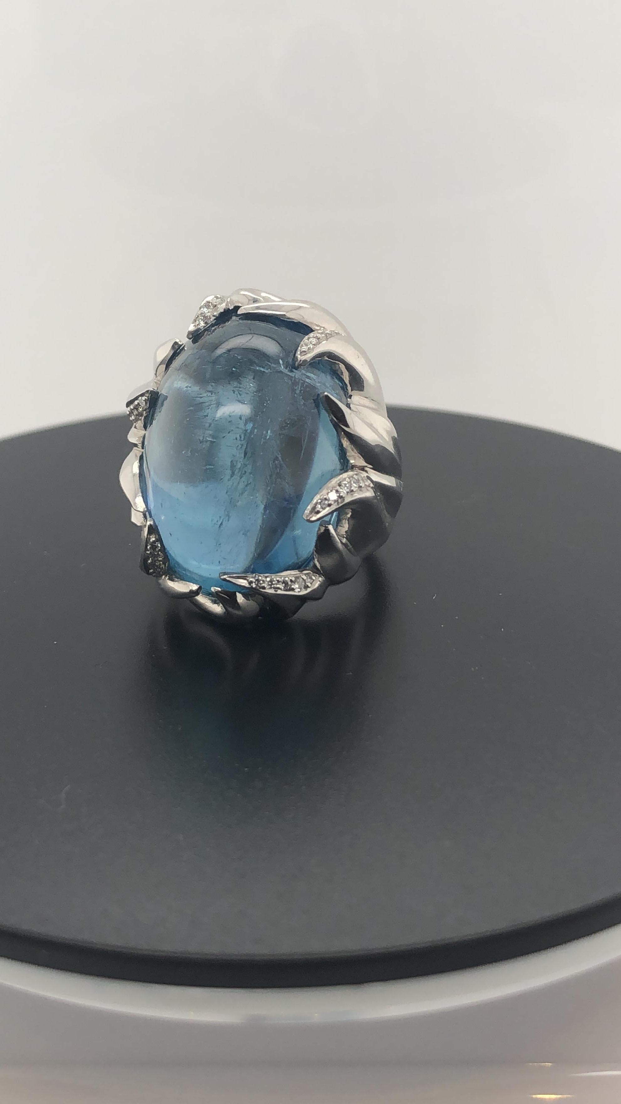 Women's or Men's Certified 38.33 Carat Cabochon Aquamarine 'Deep Blue' Cocktail Ring For Sale