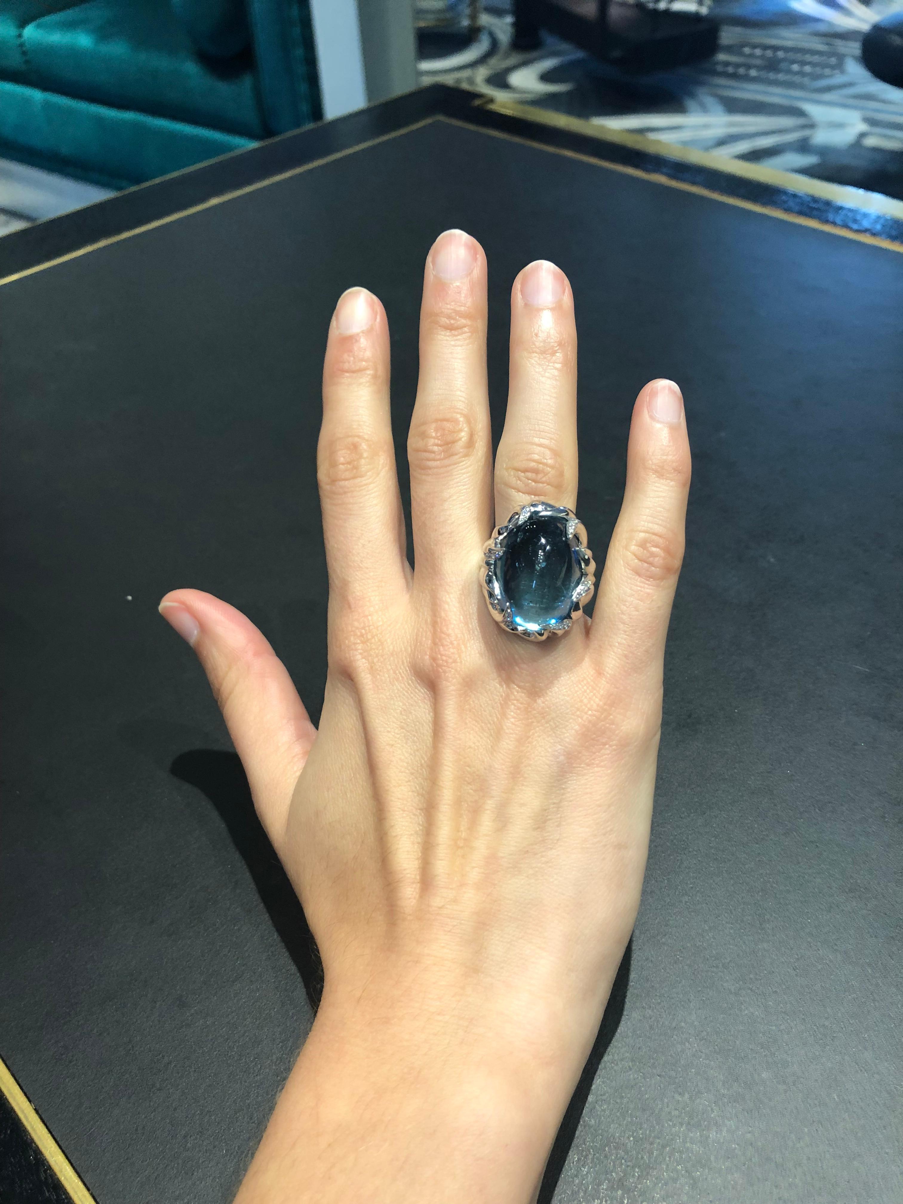 Certified 38.33 Carat Cabochon Aquamarine 'Deep Blue' Cocktail Ring For Sale 1