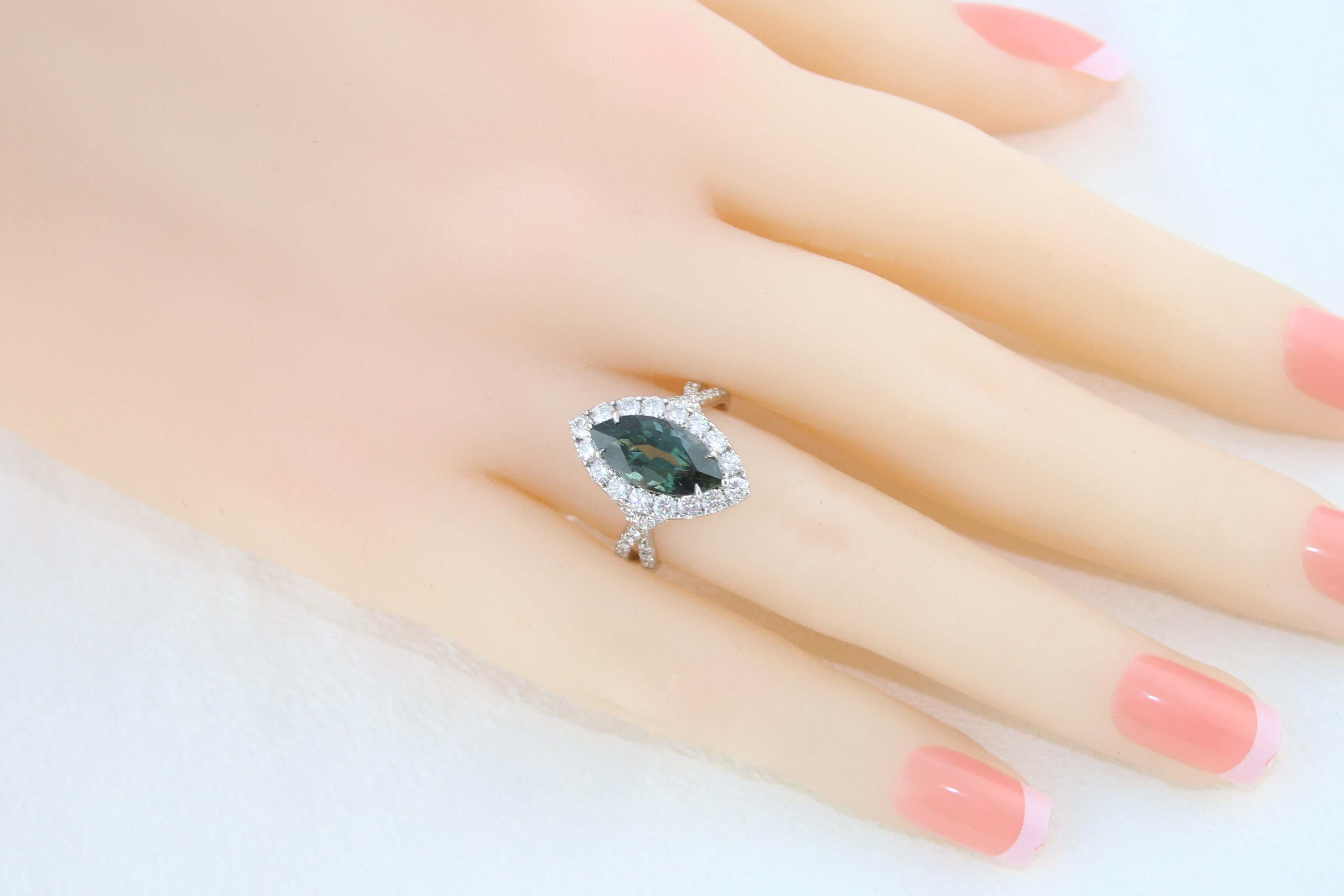 Certified 3.87 Carat No Heat Marquise Blue Green Sapphire Diamond Gold Ring For Sale 1