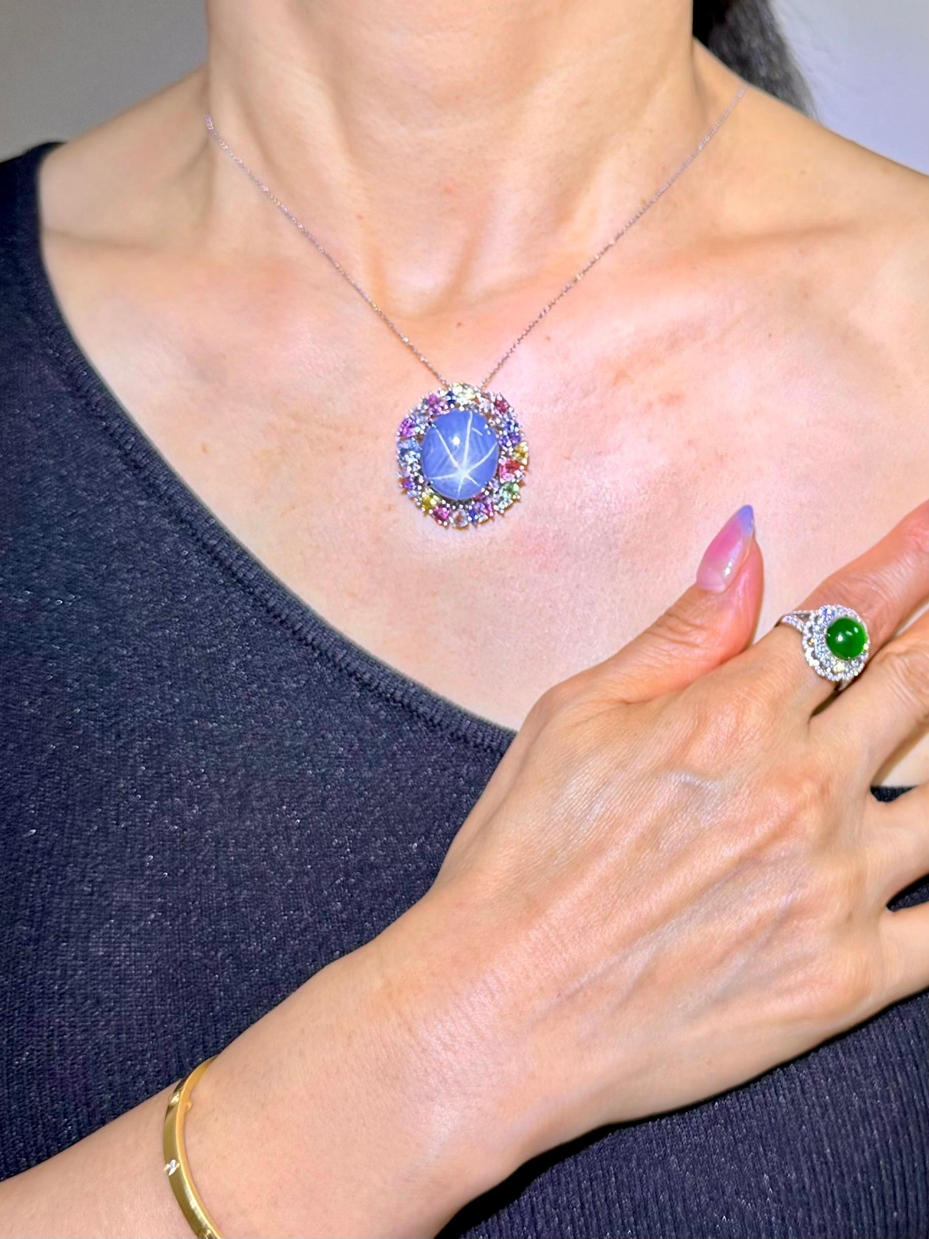 Certified 39 Carats Light Blue Star Sapphire & Diamond Ring / Pendant. Two Use. For Sale 6