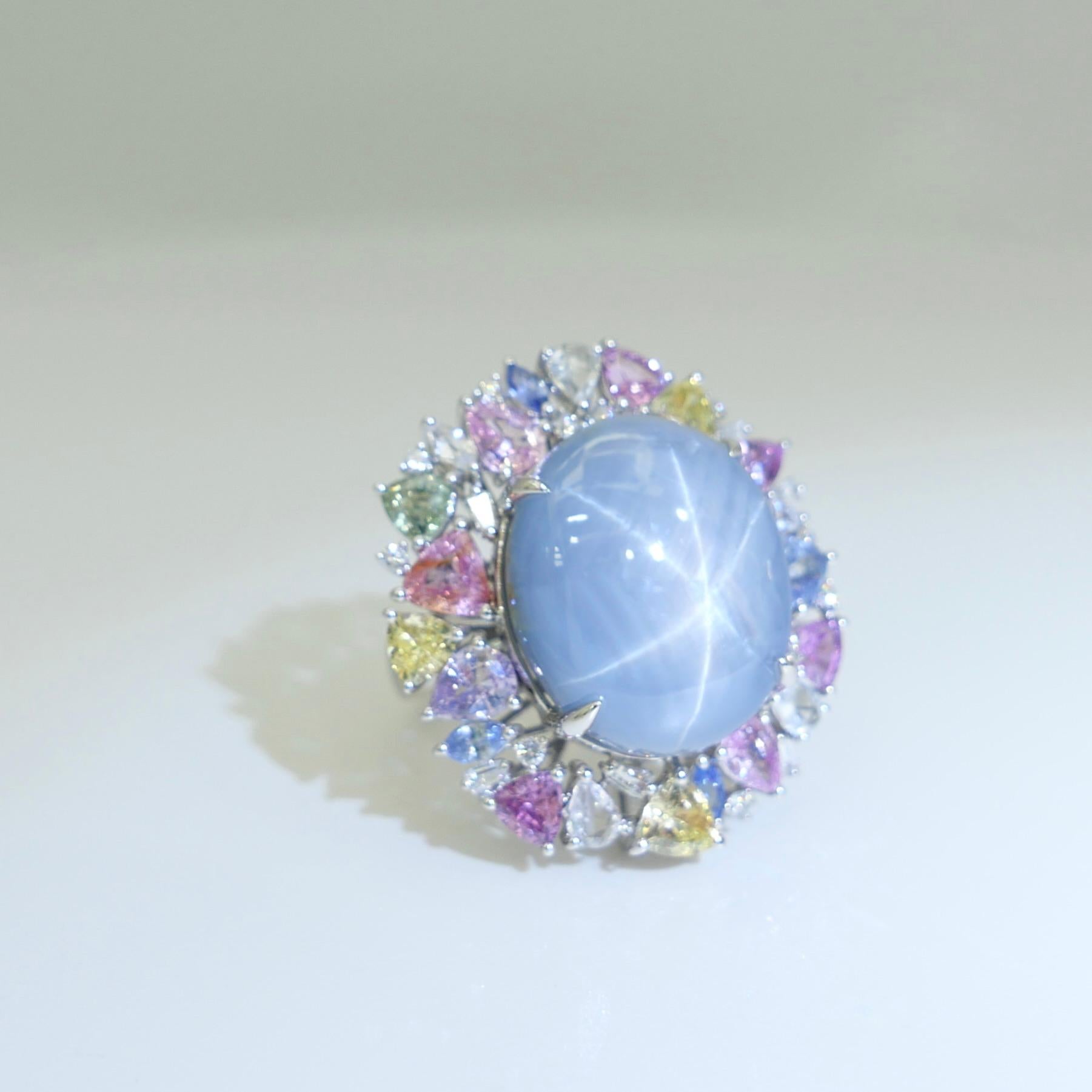 Certified 39 Carats Light Blue Star Sapphire & Diamond Ring / Pendant. Two Use. For Sale 9
