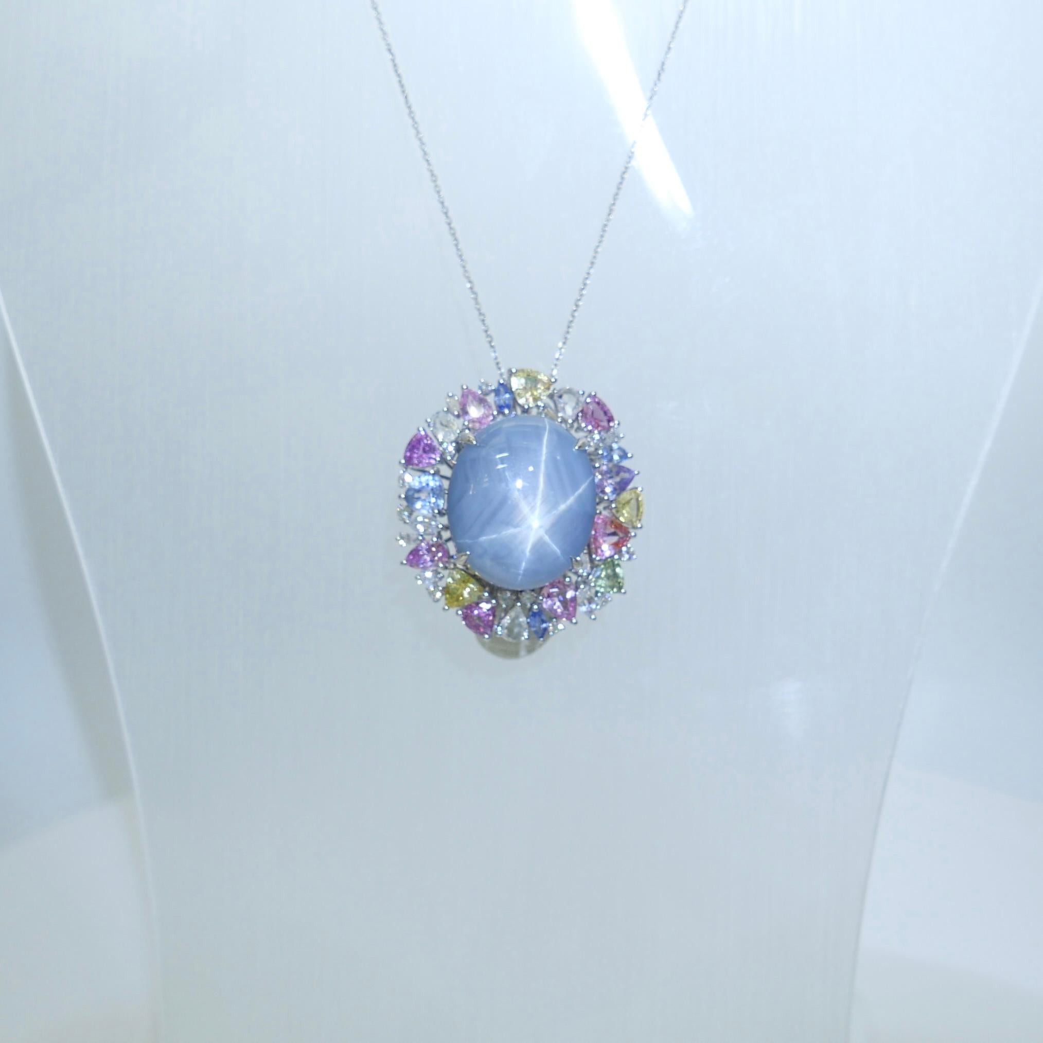 Certified 39 Carats Light Blue Star Sapphire & Diamond Ring / Pendant. Two Use. For Sale 11