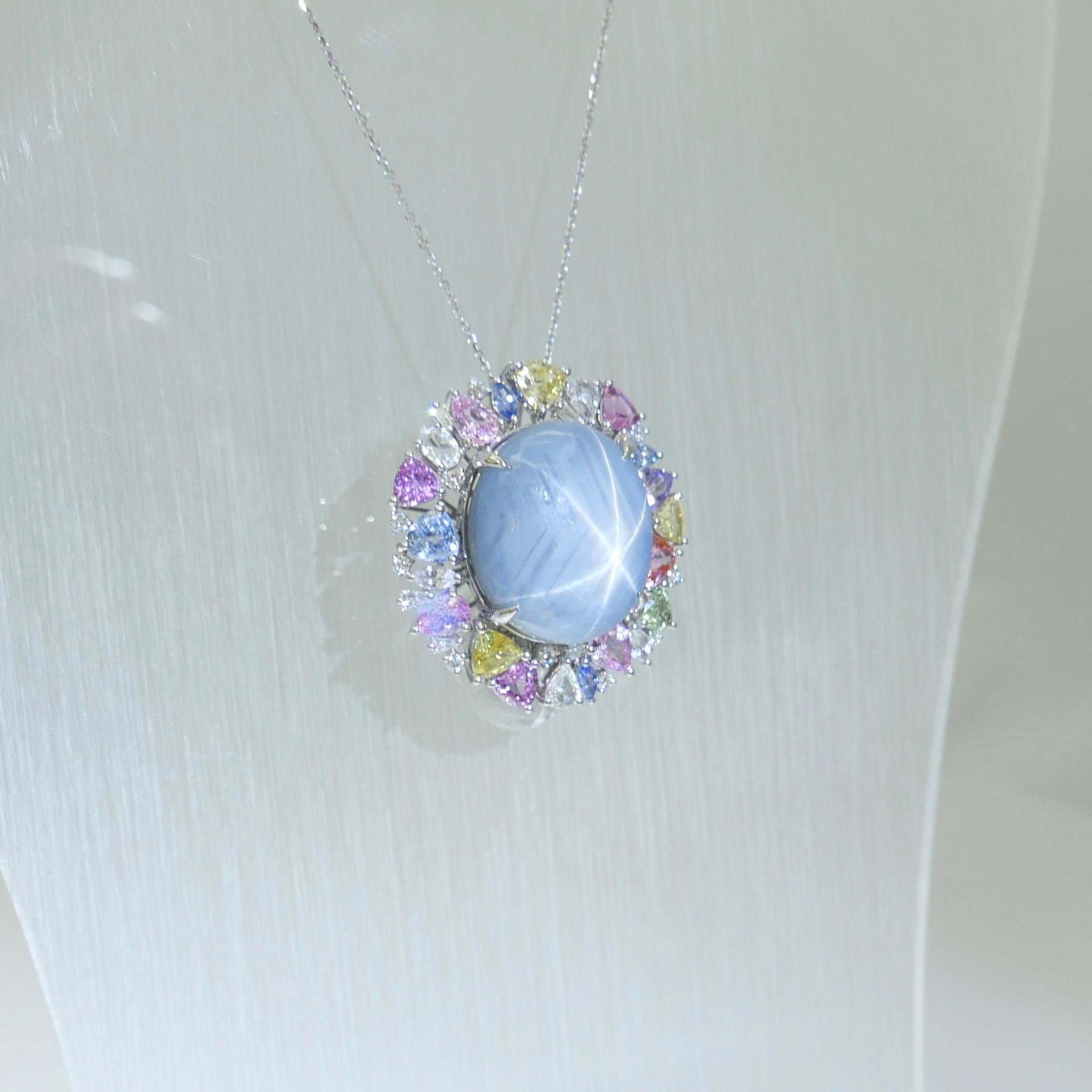 Certified 39 Carats Light Blue Star Sapphire & Diamond Ring / Pendant. Two Use. For Sale 13