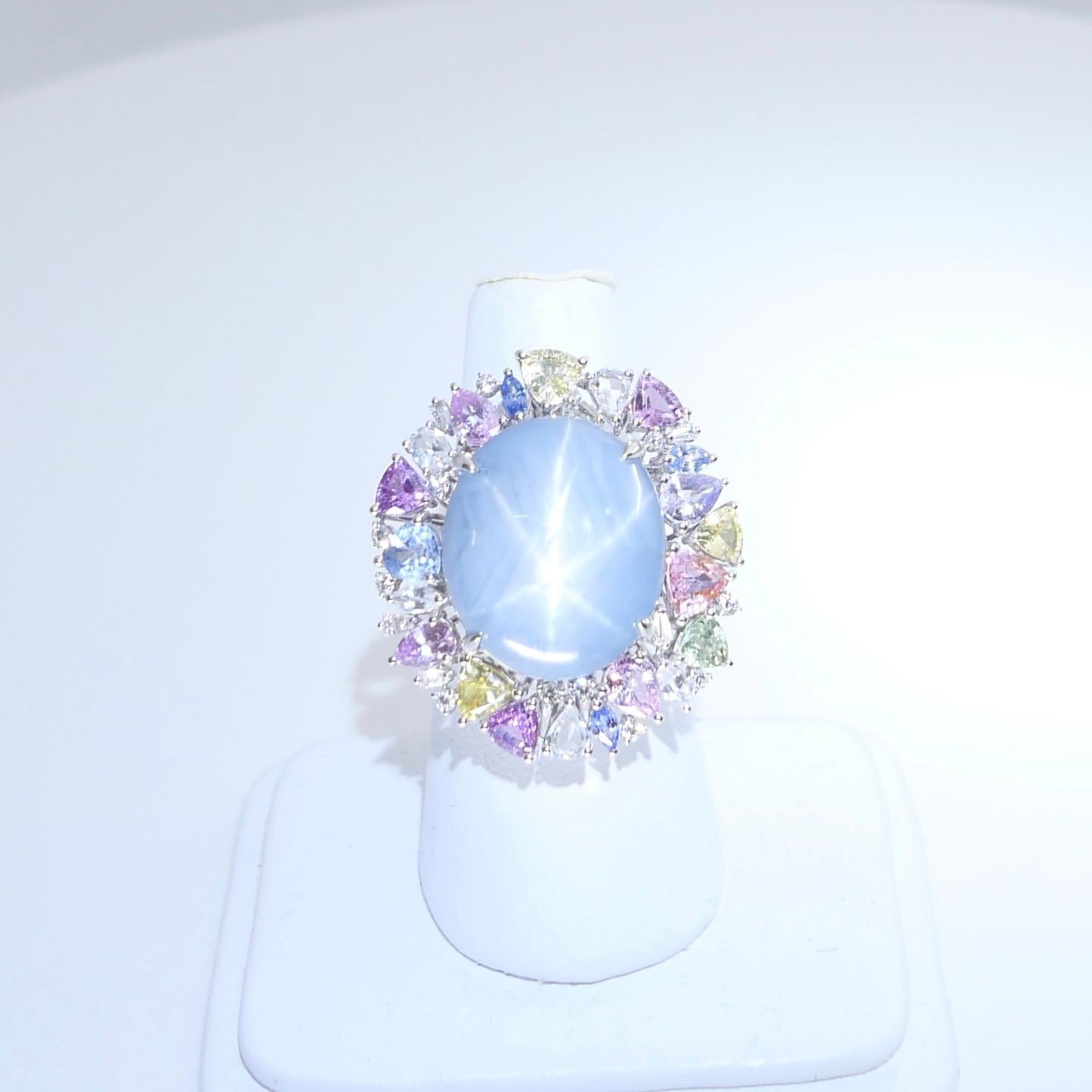 Certified 39 Carats Light Blue Star Sapphire & Diamond Ring / Pendant. Two Use. For Sale 7