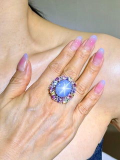 Certified 39 Carats Light Blue Star Sapphire & Diamond Ring / Pendant. Two Use.