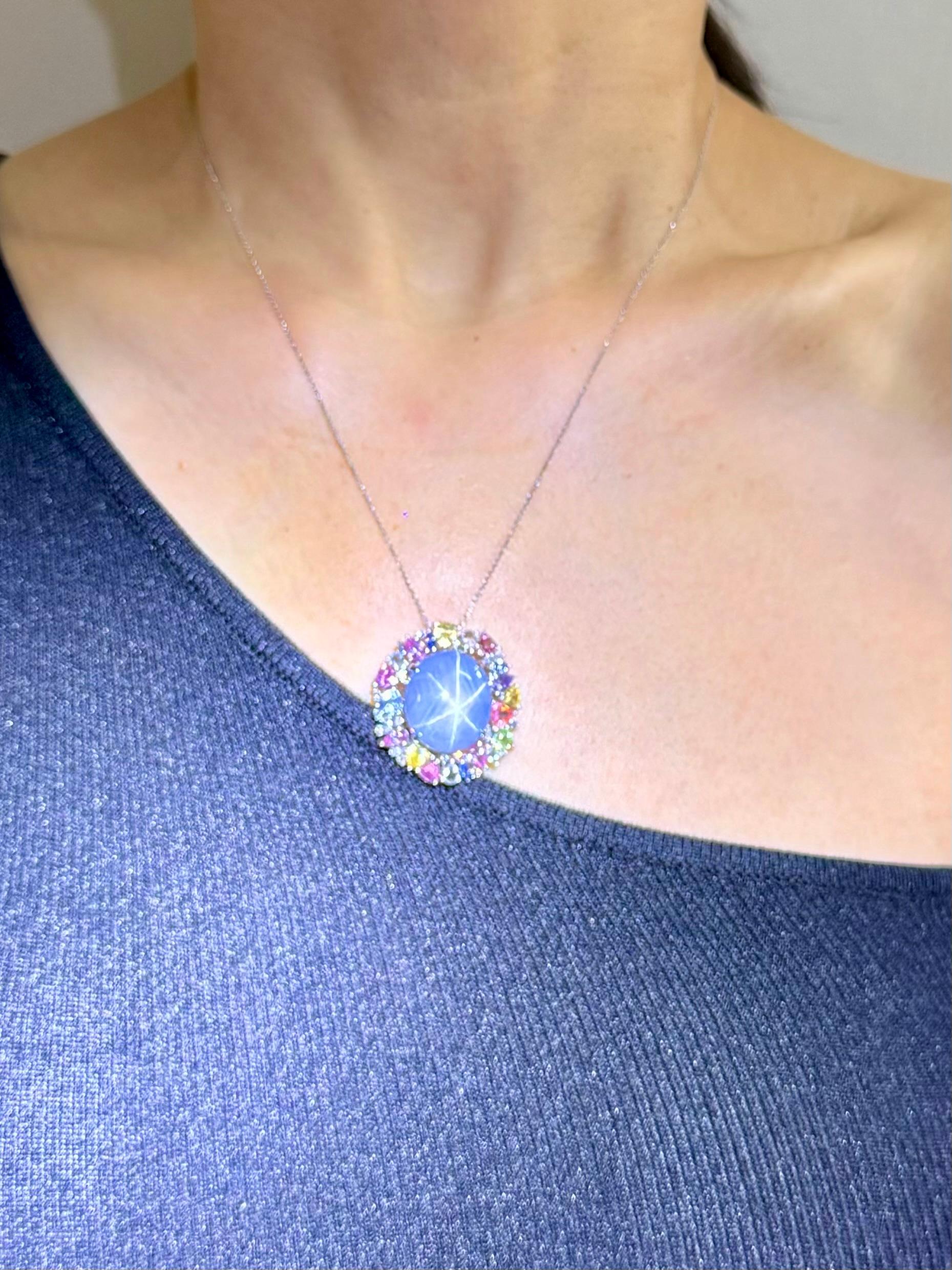 Cabochon Certified 39 Carats Light Blue Star Sapphire & Diamond Ring / Pendant. Two Use. For Sale