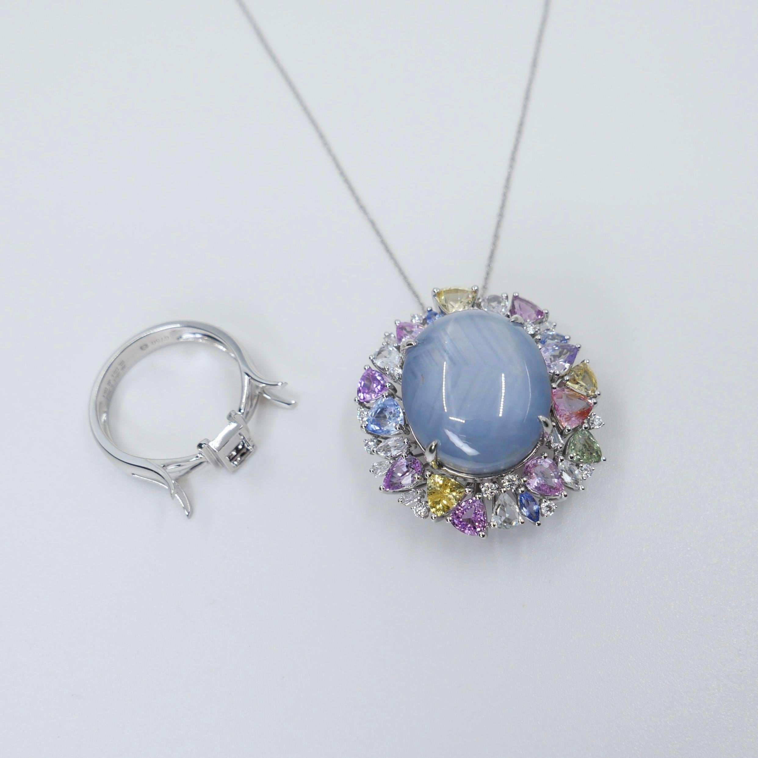 Certified 39 Carats Light Blue Star Sapphire & Diamond Ring / Pendant. Two Use. In New Condition For Sale In Hong Kong, HK