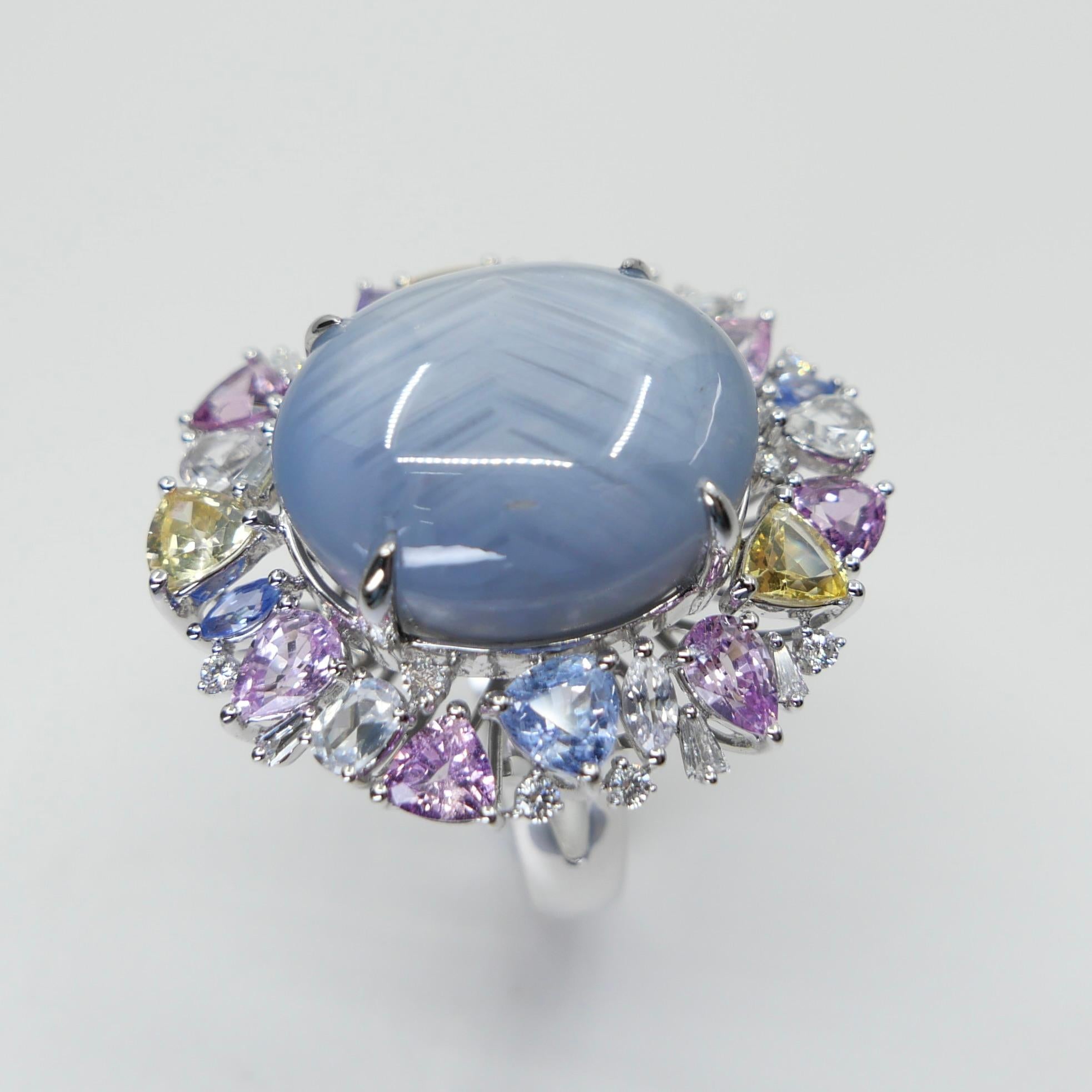 Women's Certified 39 Carats Light Blue Star Sapphire & Diamond Ring / Pendant. Two Use. For Sale