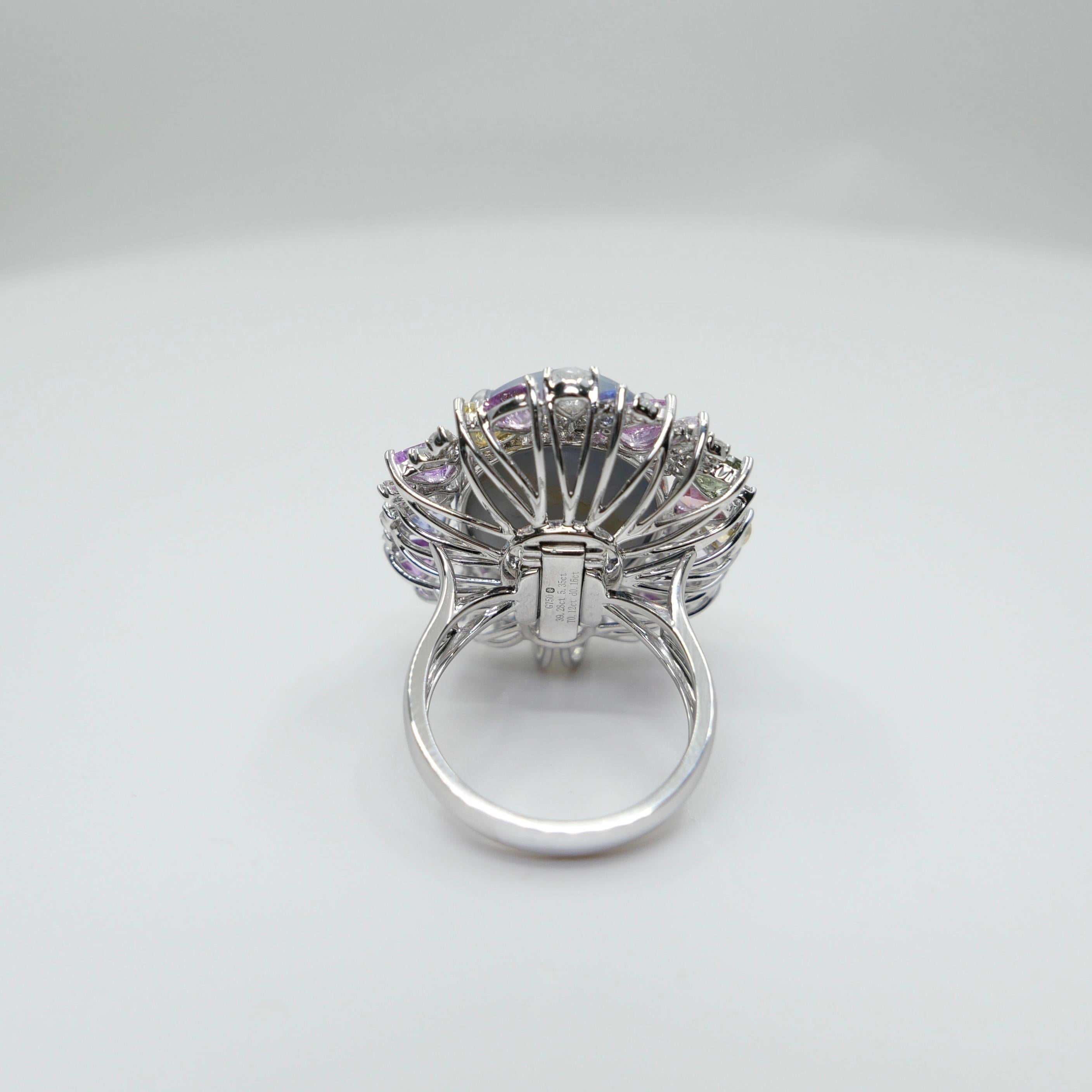 Certified 39 Carats Light Blue Star Sapphire & Diamond Ring / Pendant. Two Use. For Sale 2