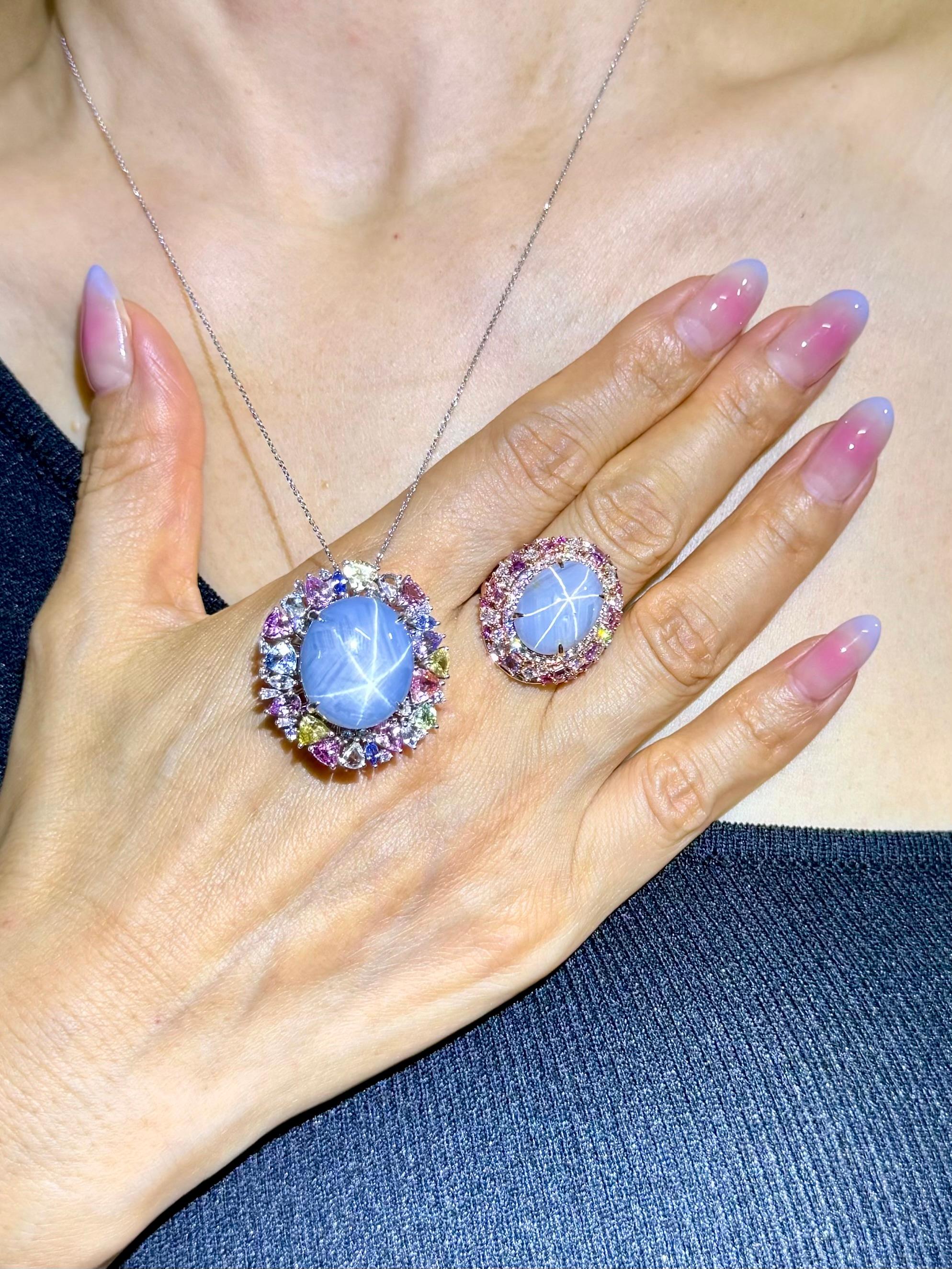 Certified 39 Carats Light Blue Star Sapphire & Diamond Ring / Pendant. Two Use. For Sale 3
