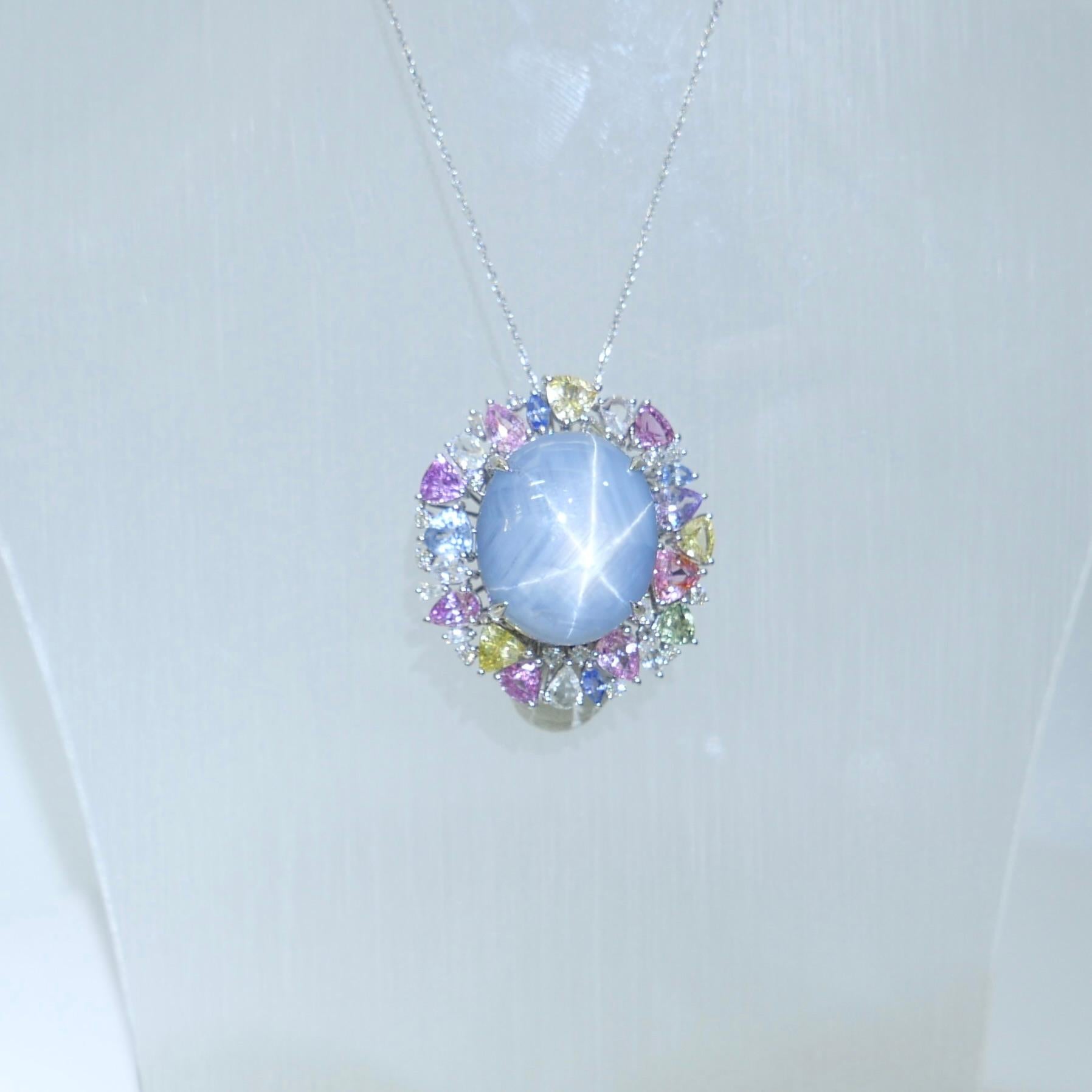 Certified 39 Carats Light Blue Star Sapphire & Diamond Ring / Pendant. Two Use. For Sale 4