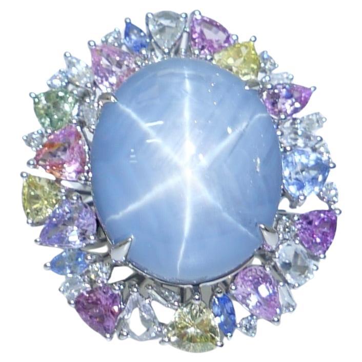 Certified 39 Carats Light Blue Star Sapphire & Diamond Ring / Pendant. Two Use. For Sale 14