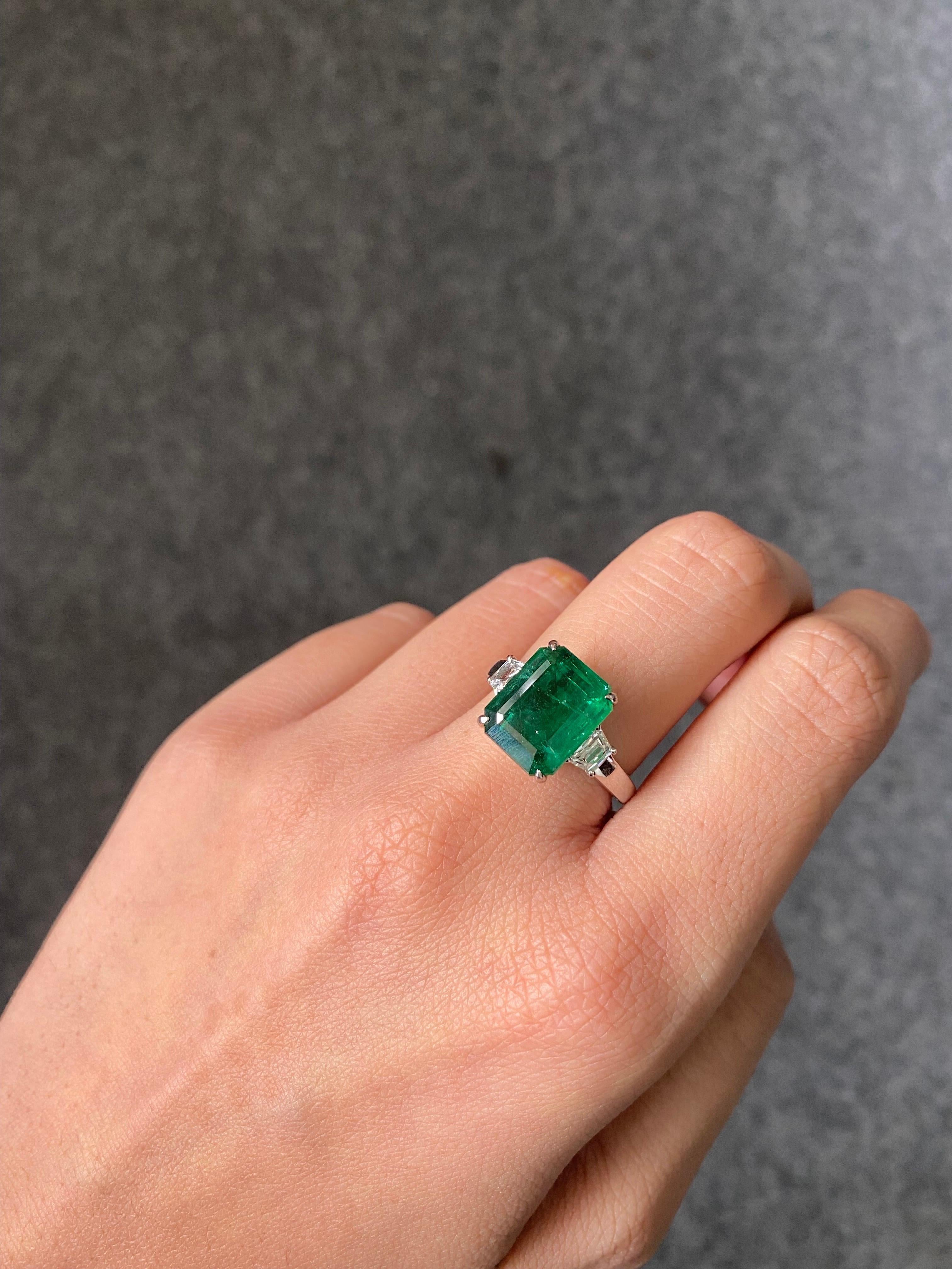 Modern Certified 3.90 Carat Emerald and Diamond Three Stone Engagement Ring